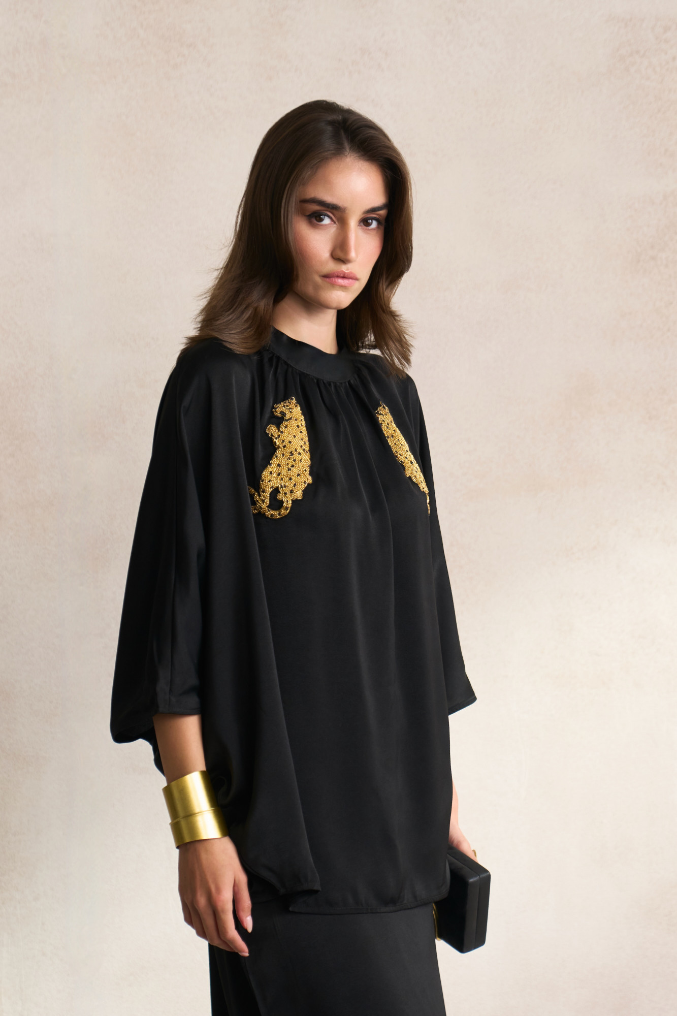 LEILA 03 BLACK SOFT SATIN TOP WITH GOLD DABKA LEOPARD EMBROIDERY