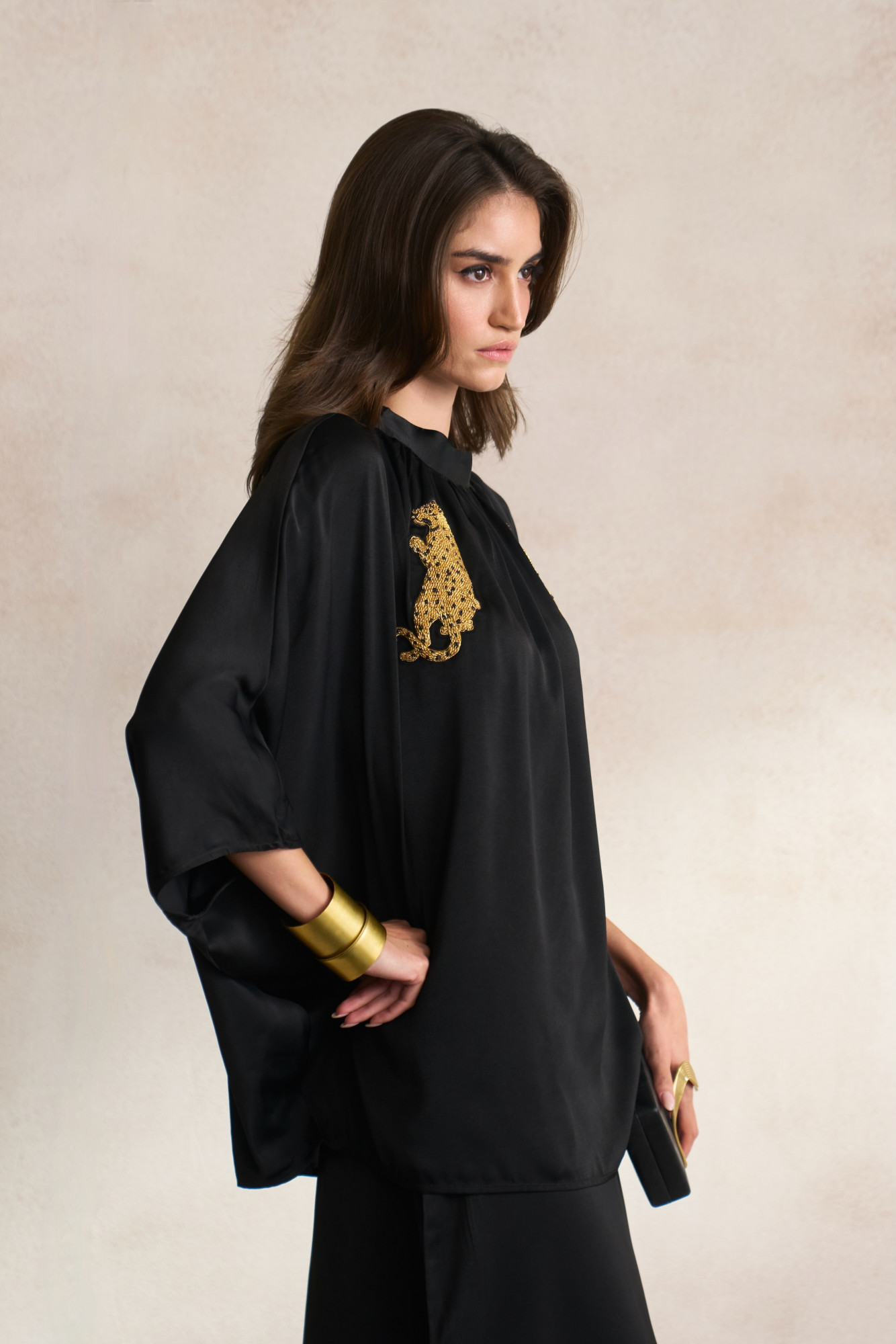 LEILA 03 BLACK SOFT SATIN TOP WITH GOLD DABKA LEOPARD EMBROIDERY
