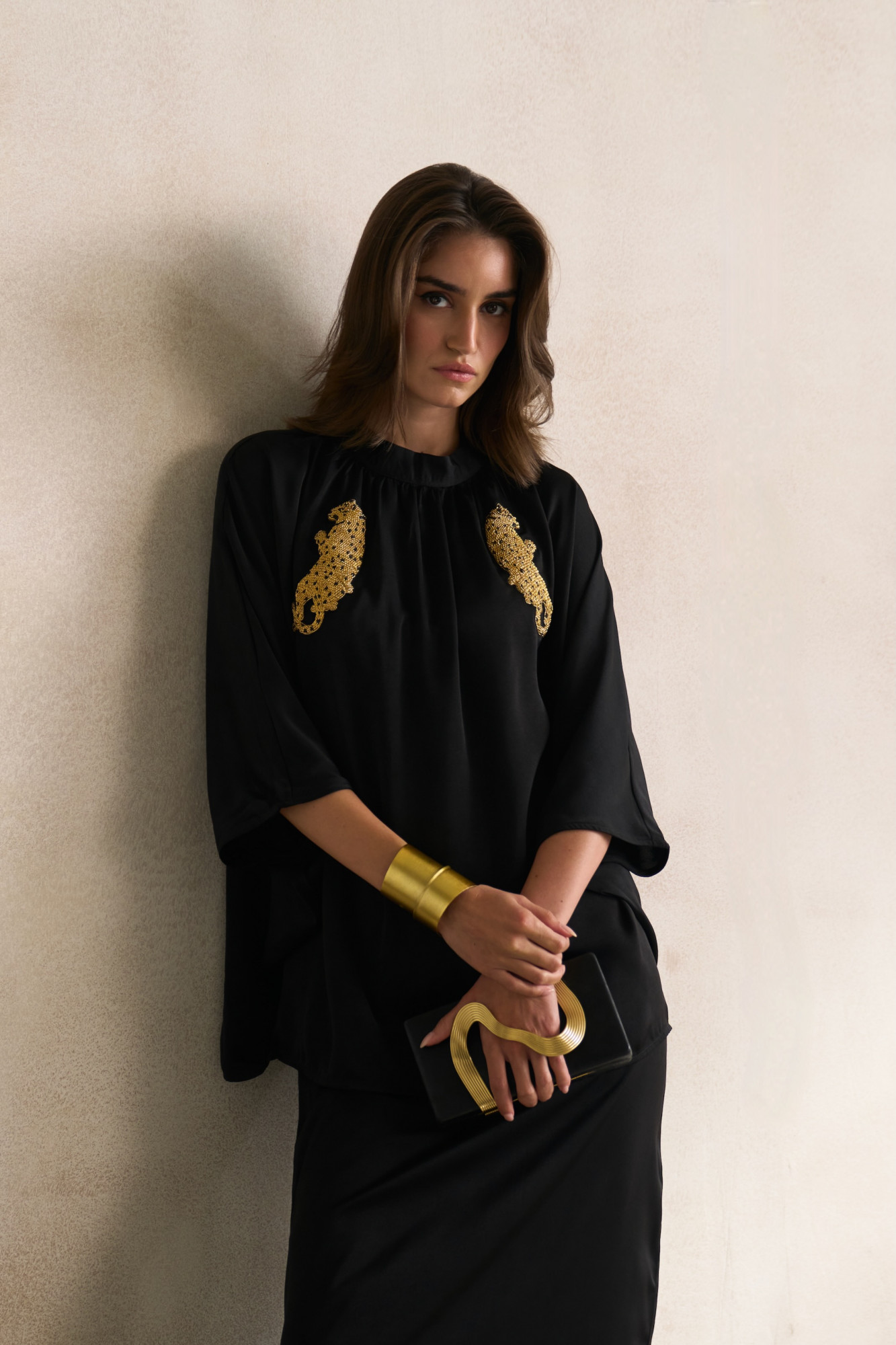 LEILA 03 BLACK SOFT SATIN TOP WITH GOLD DABKA LEOPARD EMBROIDERY