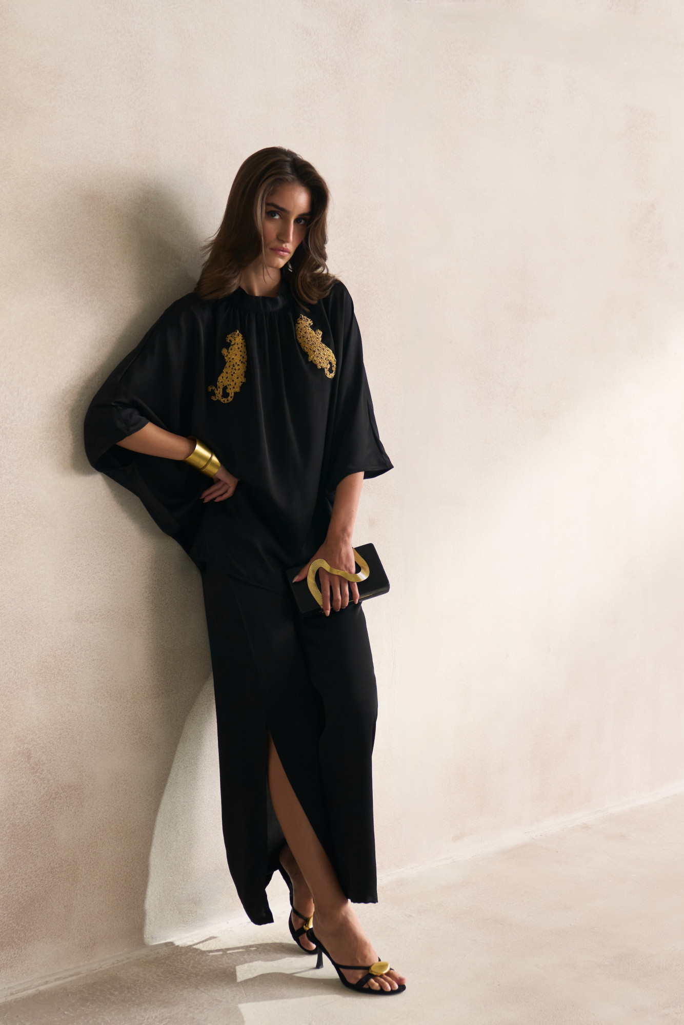 LEILA 03 BLACK SOFT SATIN TOP WITH GOLD DABKA LEOPARD EMBROIDERY