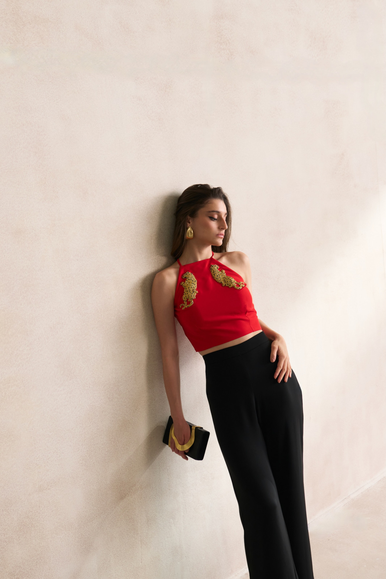 LEILA 03 RED COLOUR BUSTIER TOP WITH GOLD DABKA LEOPARD EMBROIDERY