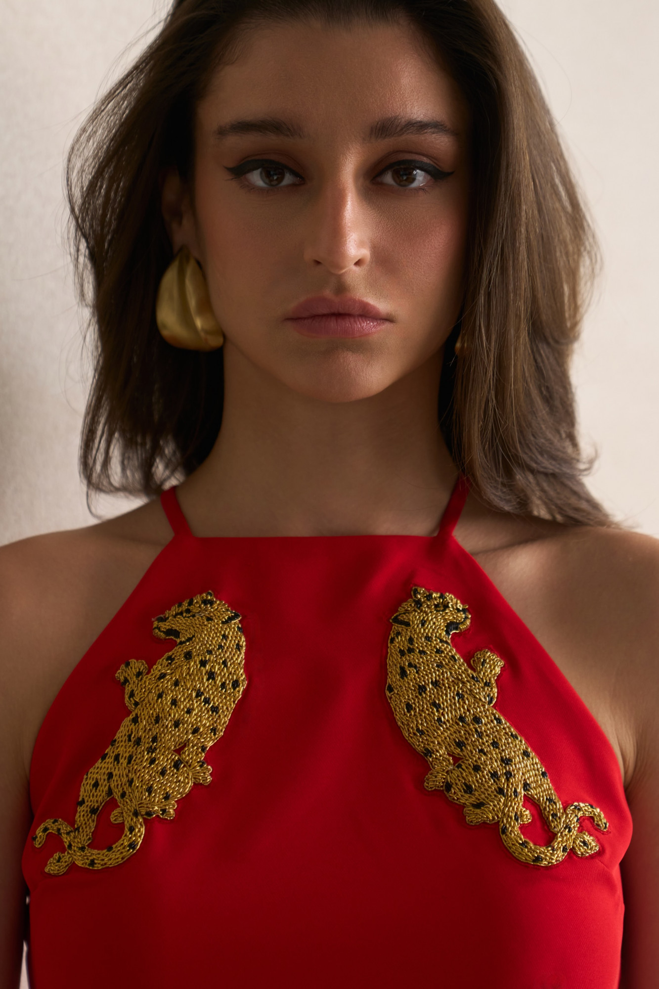 LEILA 03 RED COLOUR BUSTIER TOP WITH GOLD DABKA LEOPARD EMBROIDERY