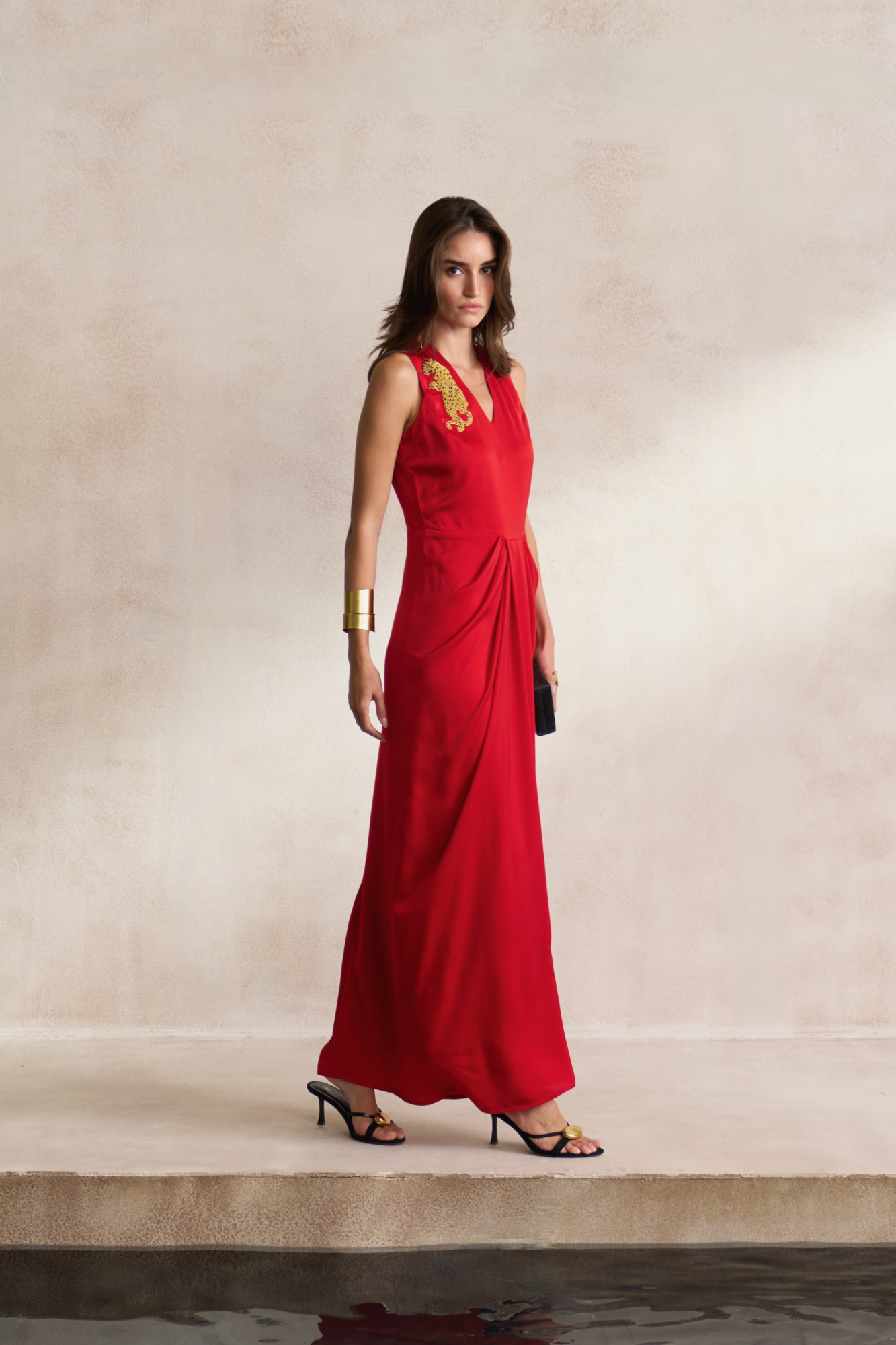 LEILA 03 RED SATIN SLEEVELESS FULL LENGTH DRAPED DRESS WITH GOLD DABKA LEOPARD EMBROIDERY