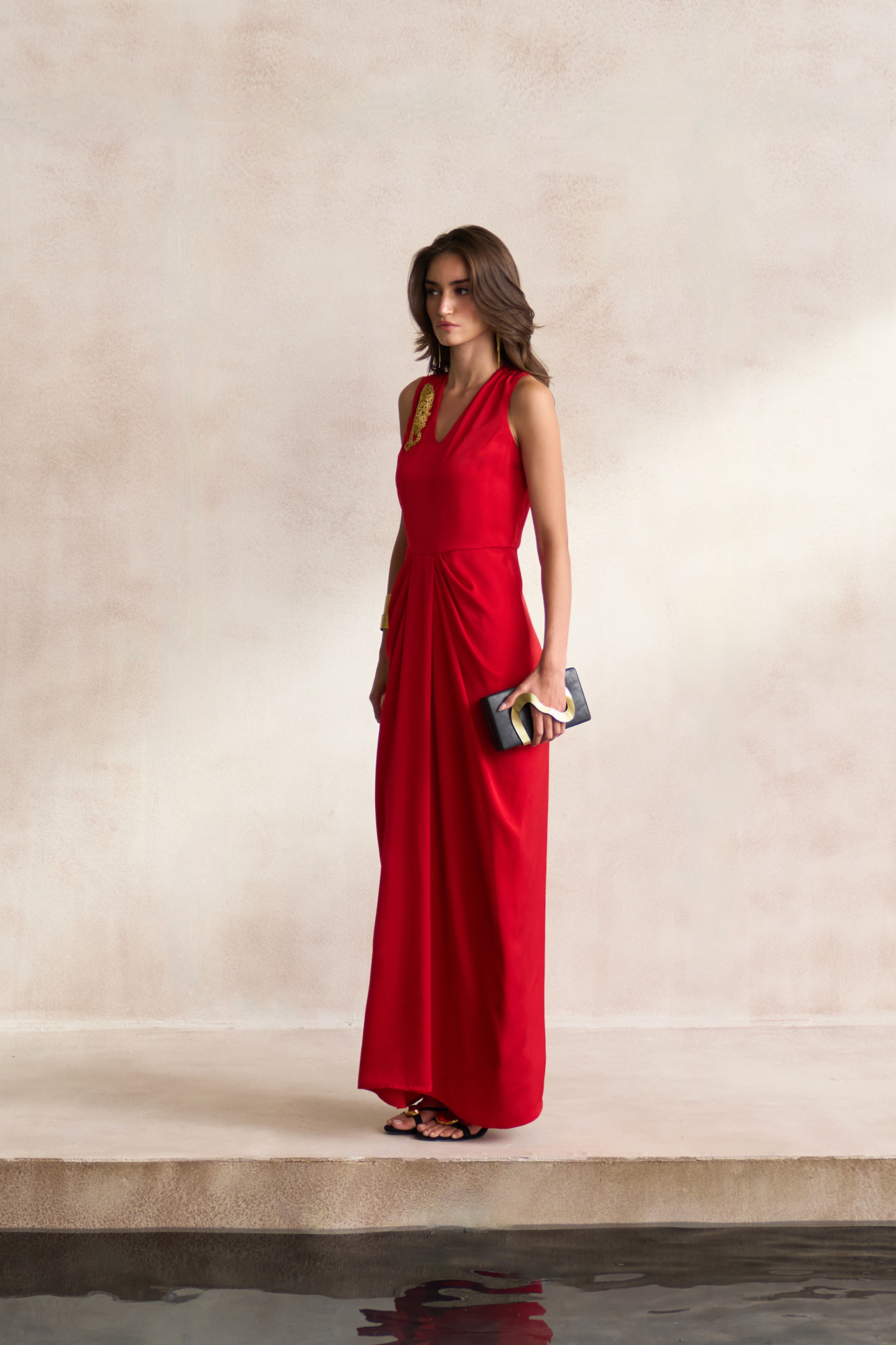 LEILA 03 RED SATIN SLEEVELESS FULL LENGTH DRAPED DRESS WITH GOLD DABKA LEOPARD EMBROIDERY