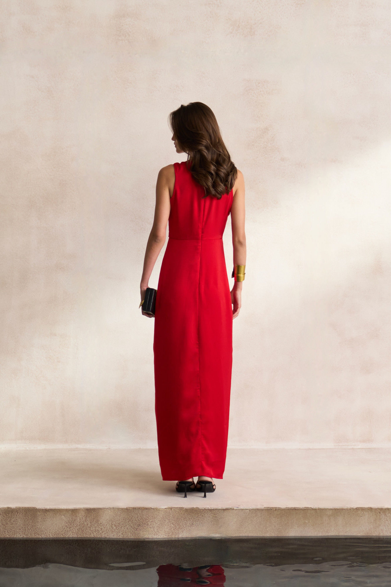 LEILA 03 RED SATIN SLEEVELESS FULL LENGTH DRAPED DRESS WITH GOLD DABKA LEOPARD EMBROIDERY
