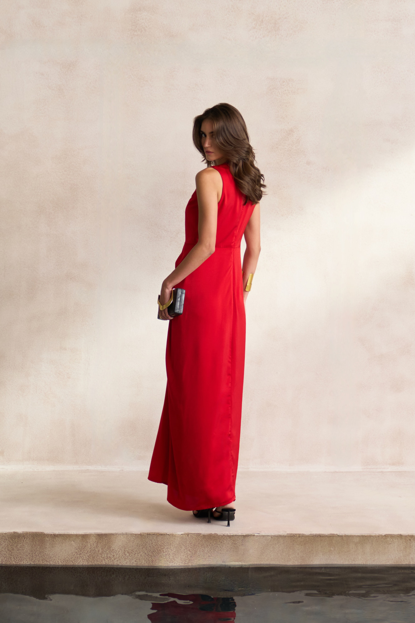 LEILA 03 RED SATIN SLEEVELESS FULL LENGTH DRAPED DRESS WITH GOLD DABKA LEOPARD EMBROIDERY