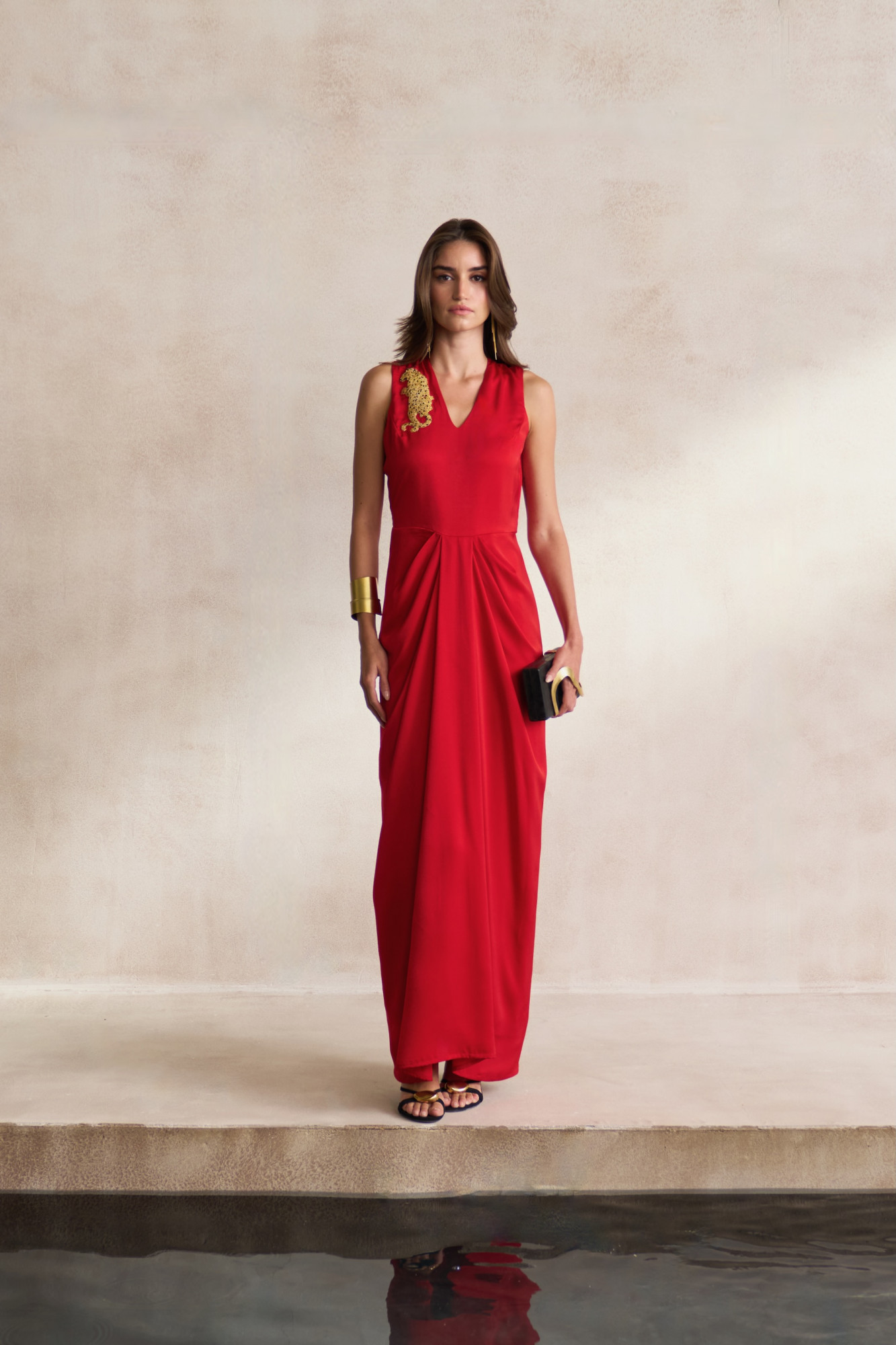 LEILA 03 RED SATIN SLEEVELESS FULL LENGTH DRAPED DRESS WITH GOLD DABKA LEOPARD EMBROIDERY