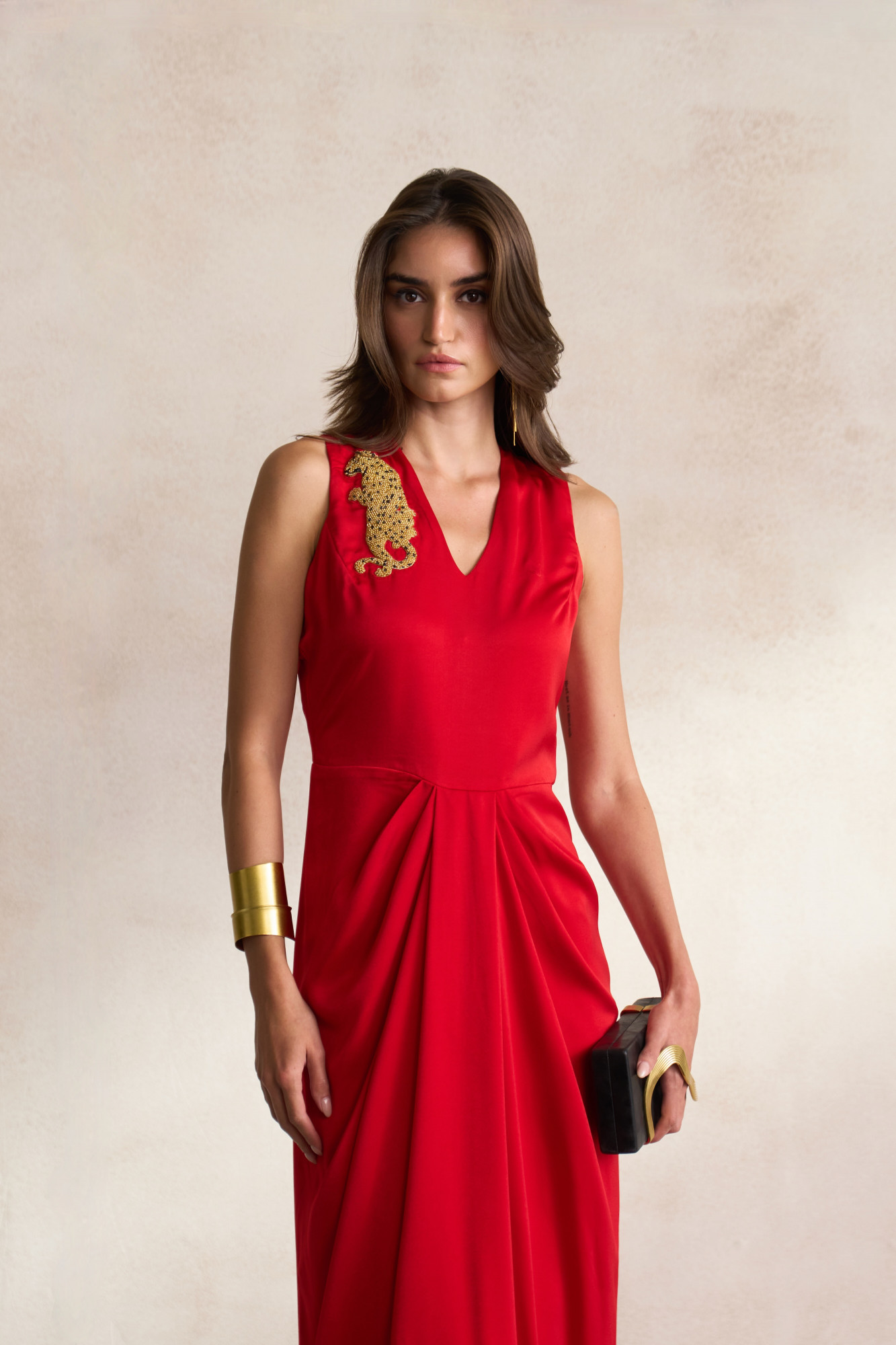 LEILA 03 RED SATIN SLEEVELESS FULL LENGTH DRAPED DRESS WITH GOLD DABKA LEOPARD EMBROIDERY
