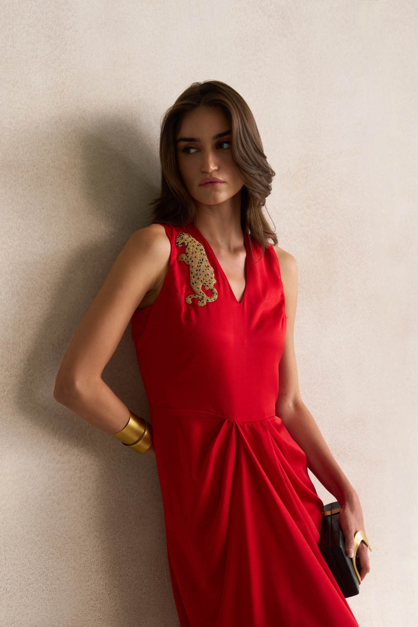LEILA 03 RED SATIN SLEEVELESS FULL LENGTH DRAPED DRESS WITH GOLD DABKA LEOPARD EMBROIDERY