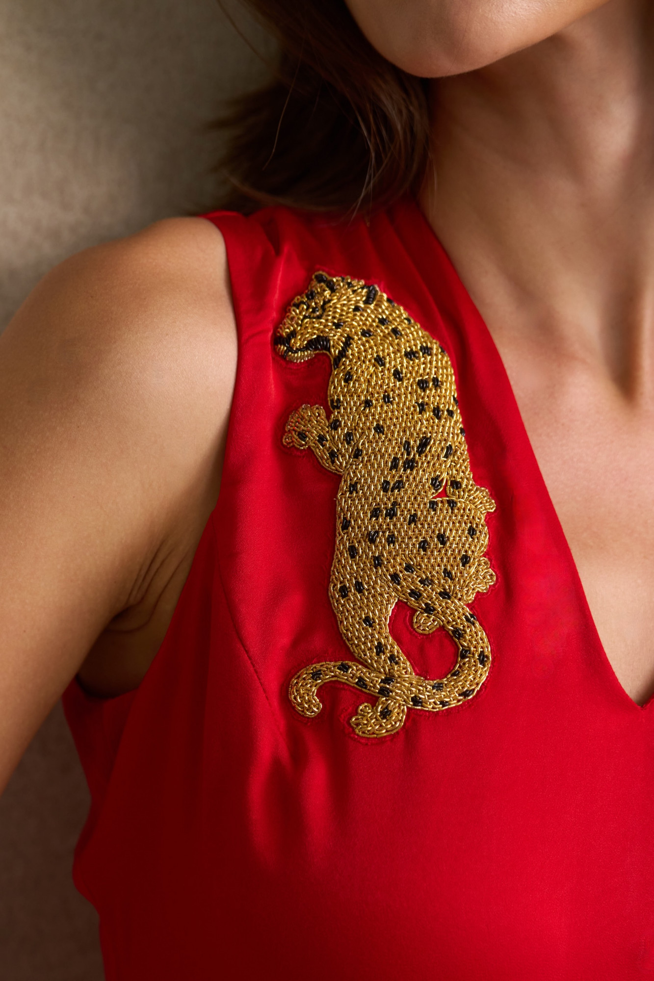 LEILA 03 RED SATIN SLEEVELESS FULL LENGTH DRAPED DRESS WITH GOLD DABKA LEOPARD EMBROIDERY