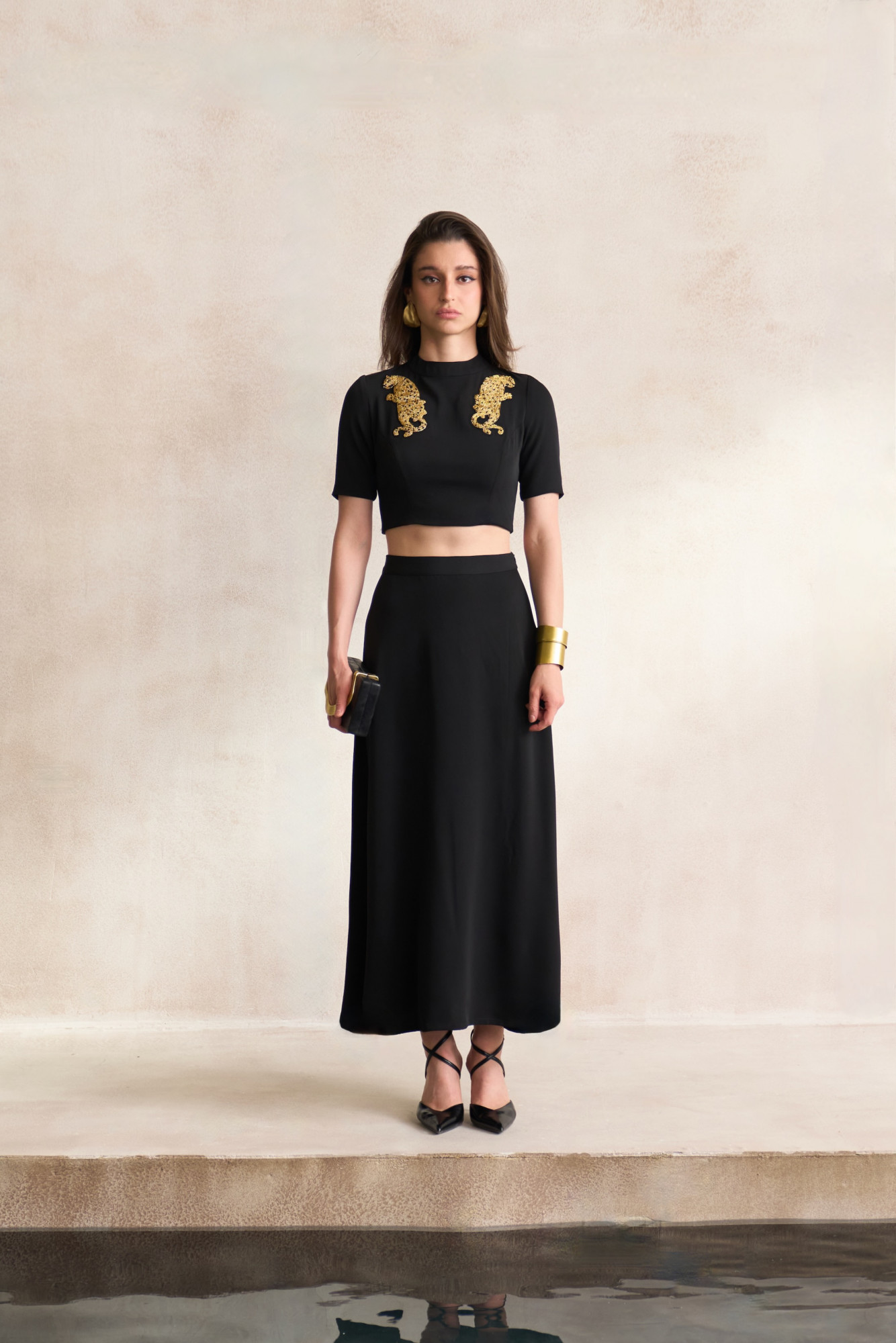 LEILA 03 BLACK CROP TOP AND SKIRT CO-ORD SET WITH DABKA LEOPARD EMBROIDERY