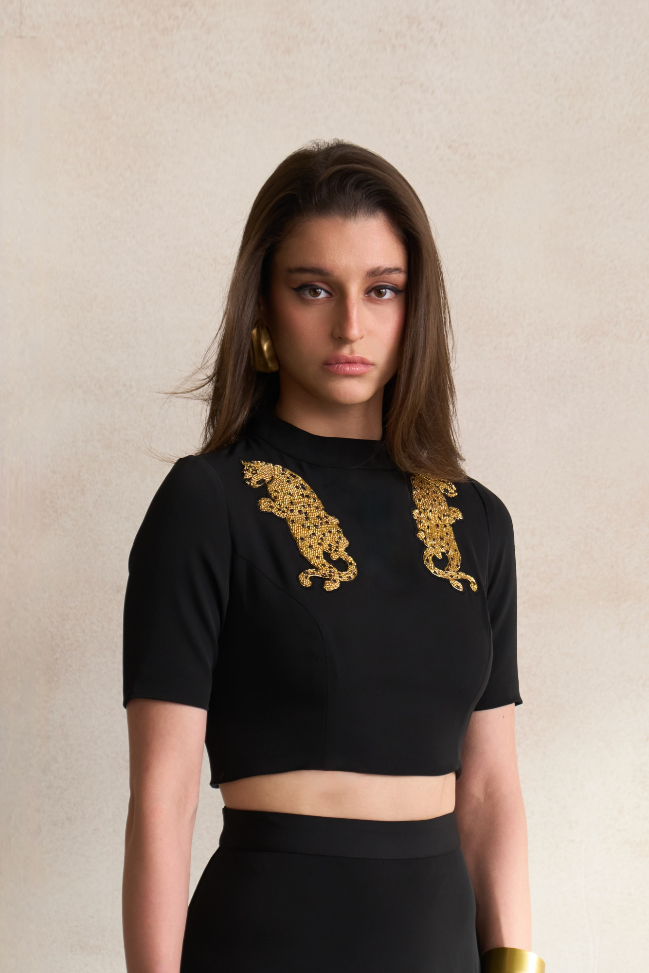 LEILA 03 BLACK CROP TOP AND SKIRT CO-ORD SET WITH DABKA LEOPARD EMBROIDERY