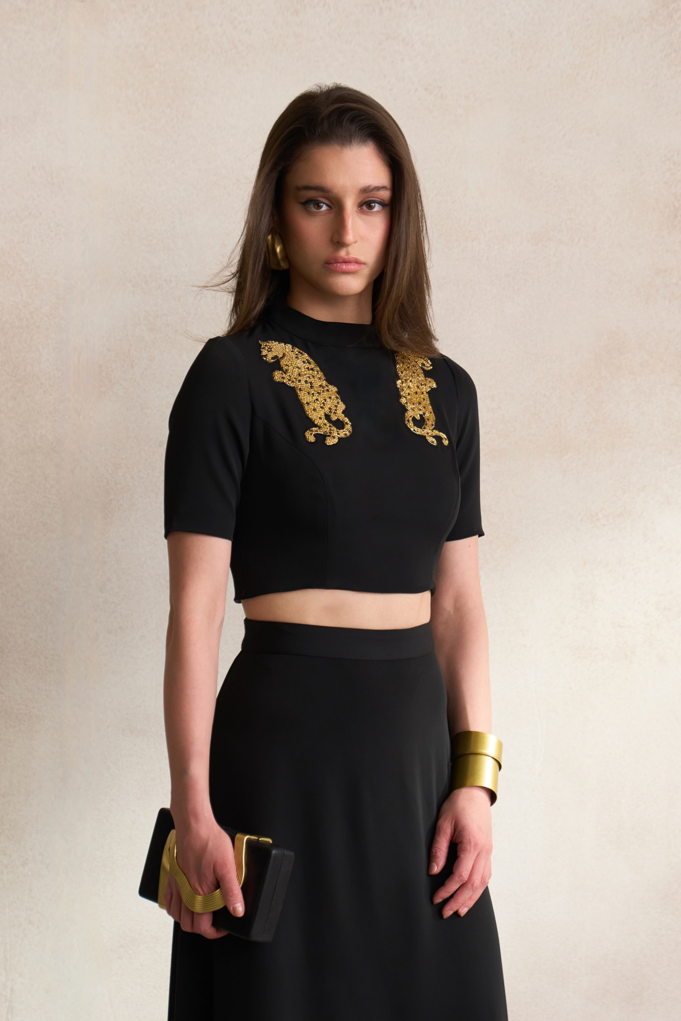 LEILA 03 BLACK CROP TOP AND SKIRT CO-ORD SET WITH DABKA LEOPARD EMBROIDERY