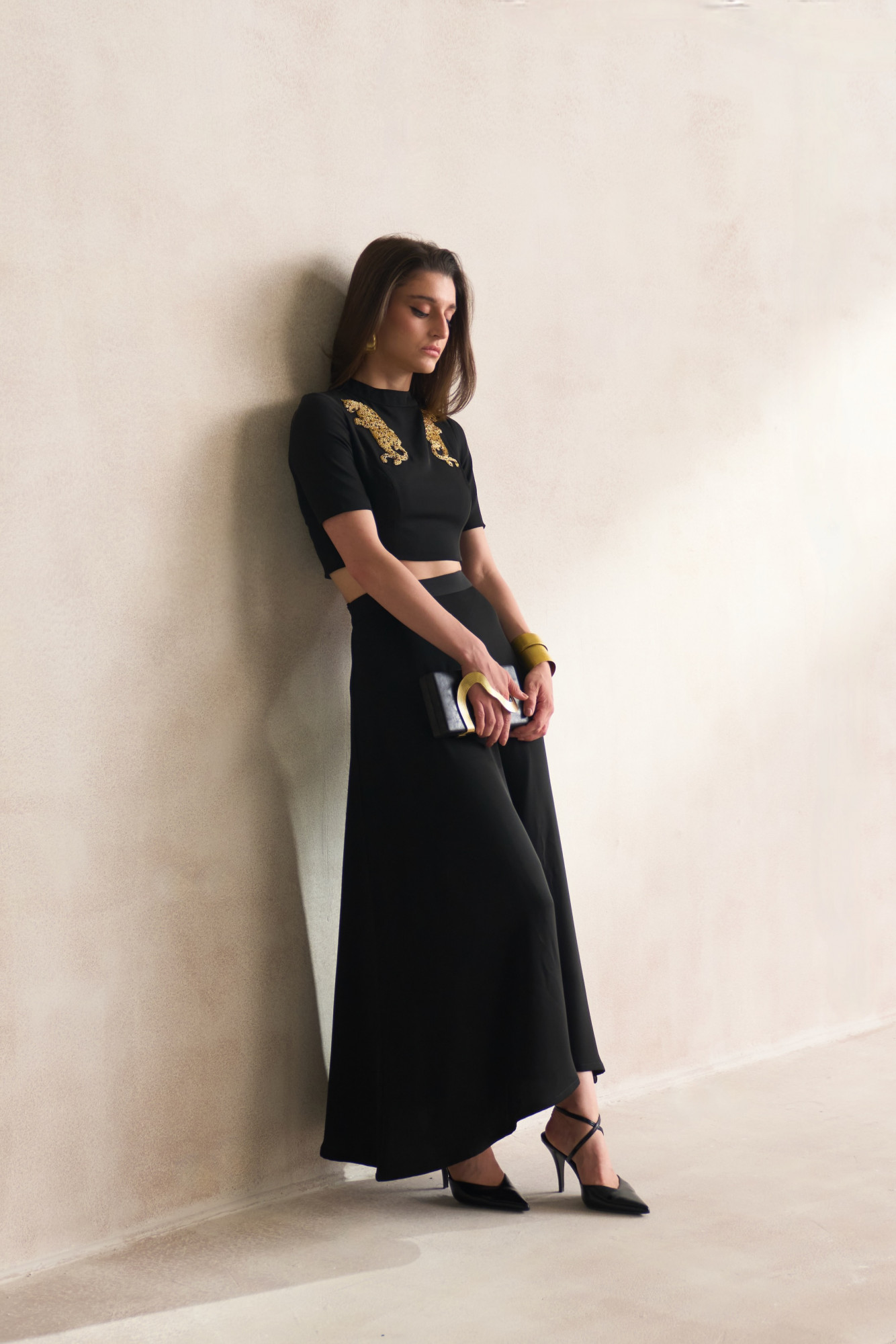 LEILA 03 BLACK CROP TOP AND SKIRT CO-ORD SET WITH DABKA LEOPARD EMBROIDERY