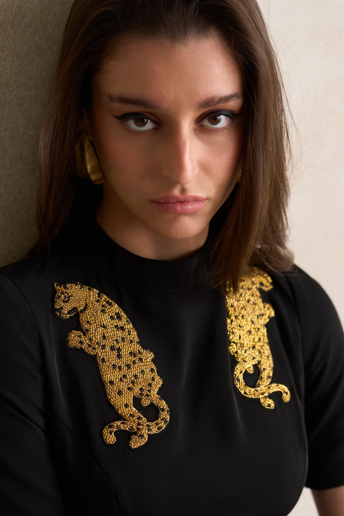 LEILA 03 BLACK COLOR CROP LENGTH TOP WITH GOLD DABKA LEOPARD EMBROIDERY