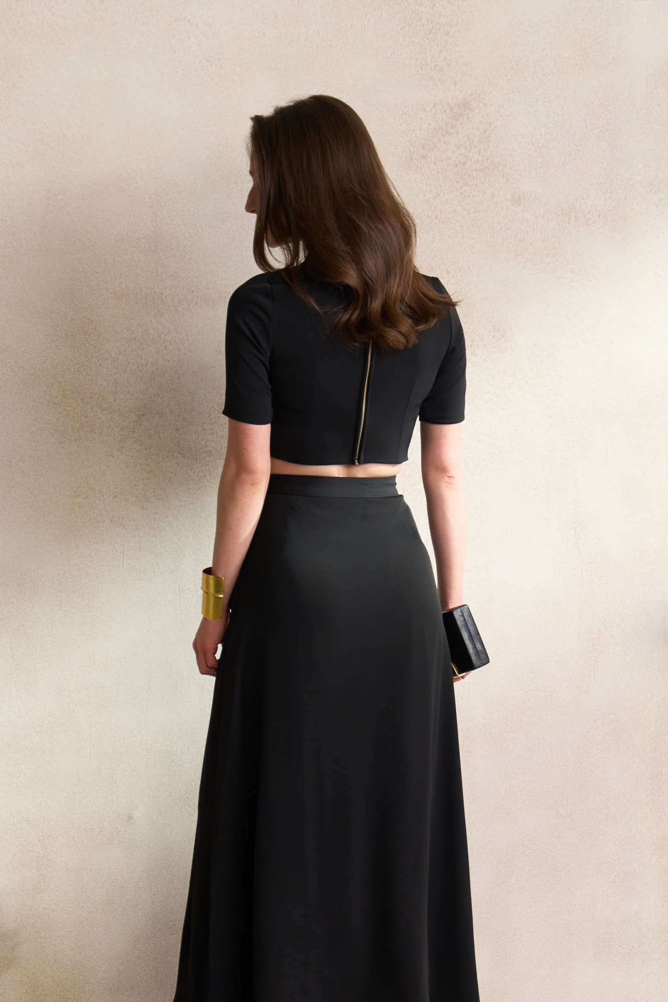 LEILA 03 BLACK CROP TOP AND SKIRT CO-ORD SET WITH DABKA LEOPARD EMBROIDERY