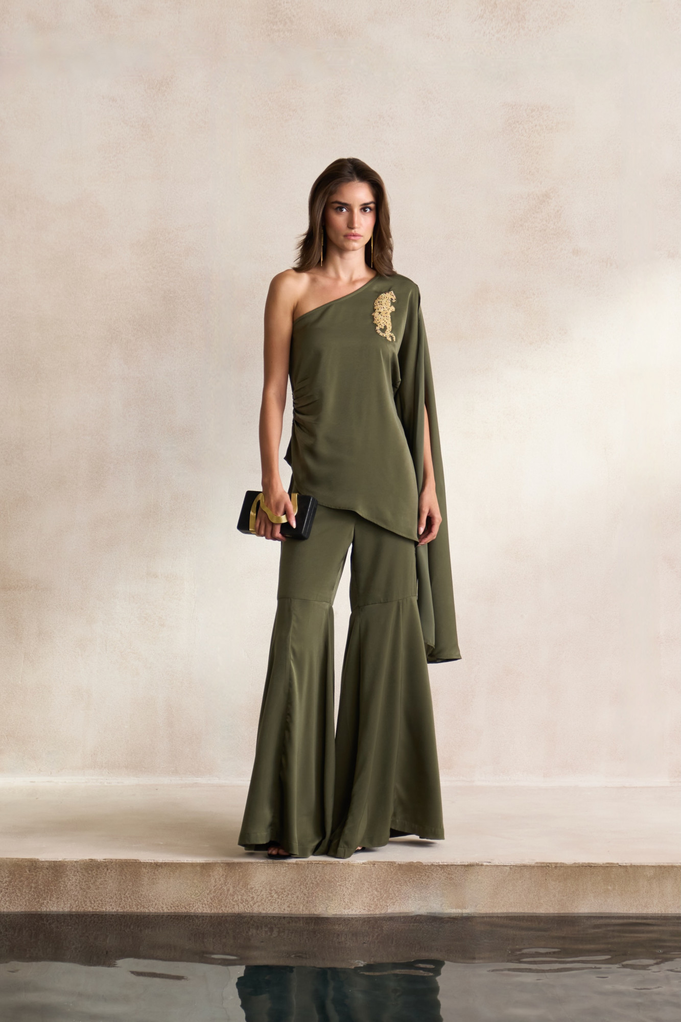 LEILA 03 OLIVE SATIN ASYMMETRIC HEM ONE SIDE SHOULDER TOP WITH DABKA LEOPARD EMBROIDERY AND FLARED PANTS CO-ORD SET