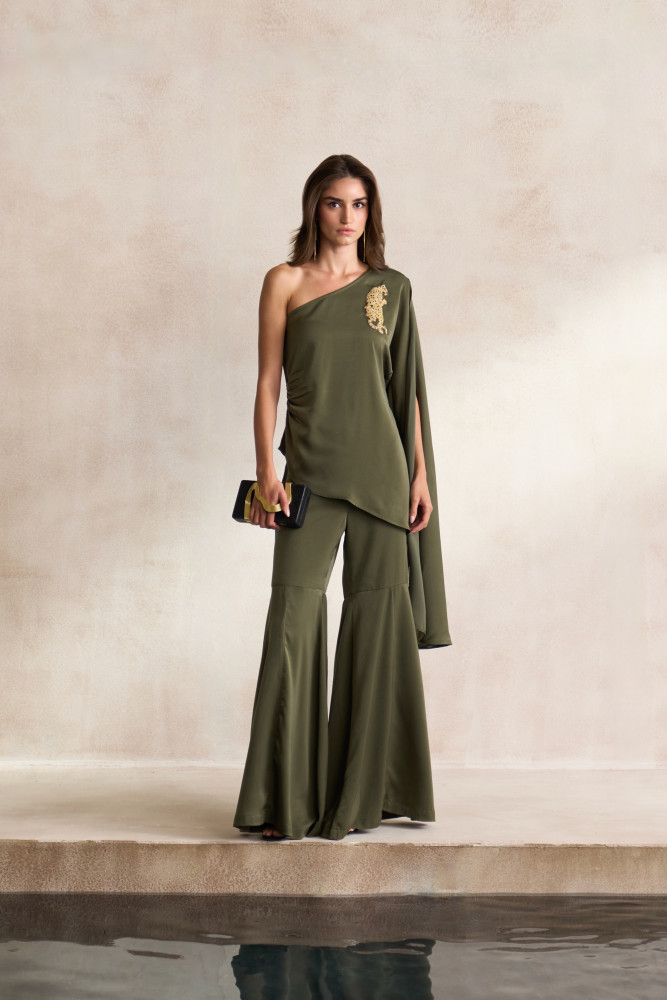 Image of LEILA 03 OLIVE SATIN ASYMMETRIC HEM ONE SIDE SHOULDER TOP WITH DABKA LEOPARD EMBROIDERY AND FLARED PANTS CO-ORD SET