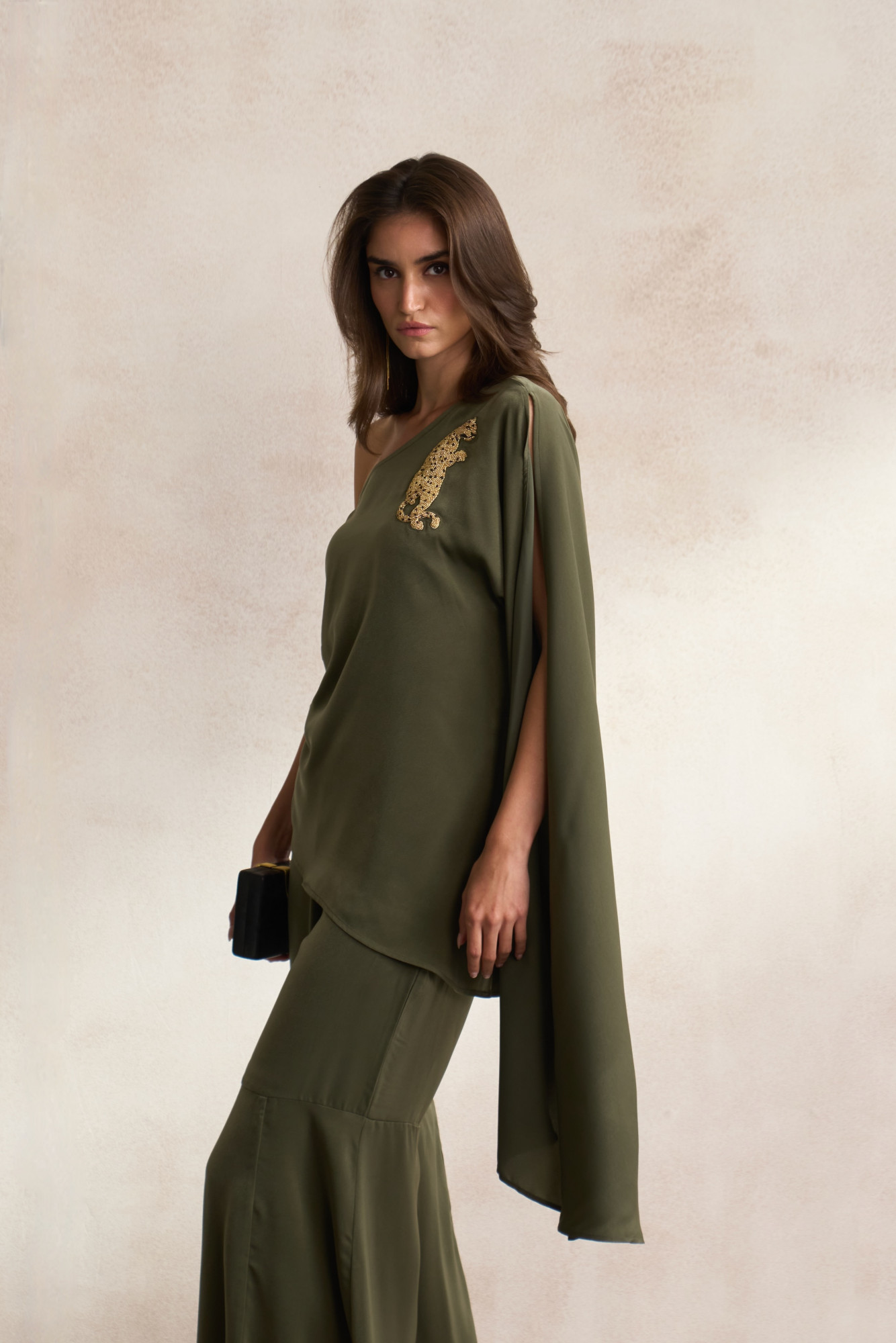 LEILA 03 OLIVE SATIN ASYMMETRIC HEM ONE SIDE SHOULDER TOP WITH DABKA LEOPARD EMBROIDERY AND FLARED PANTS CO-ORD SET
