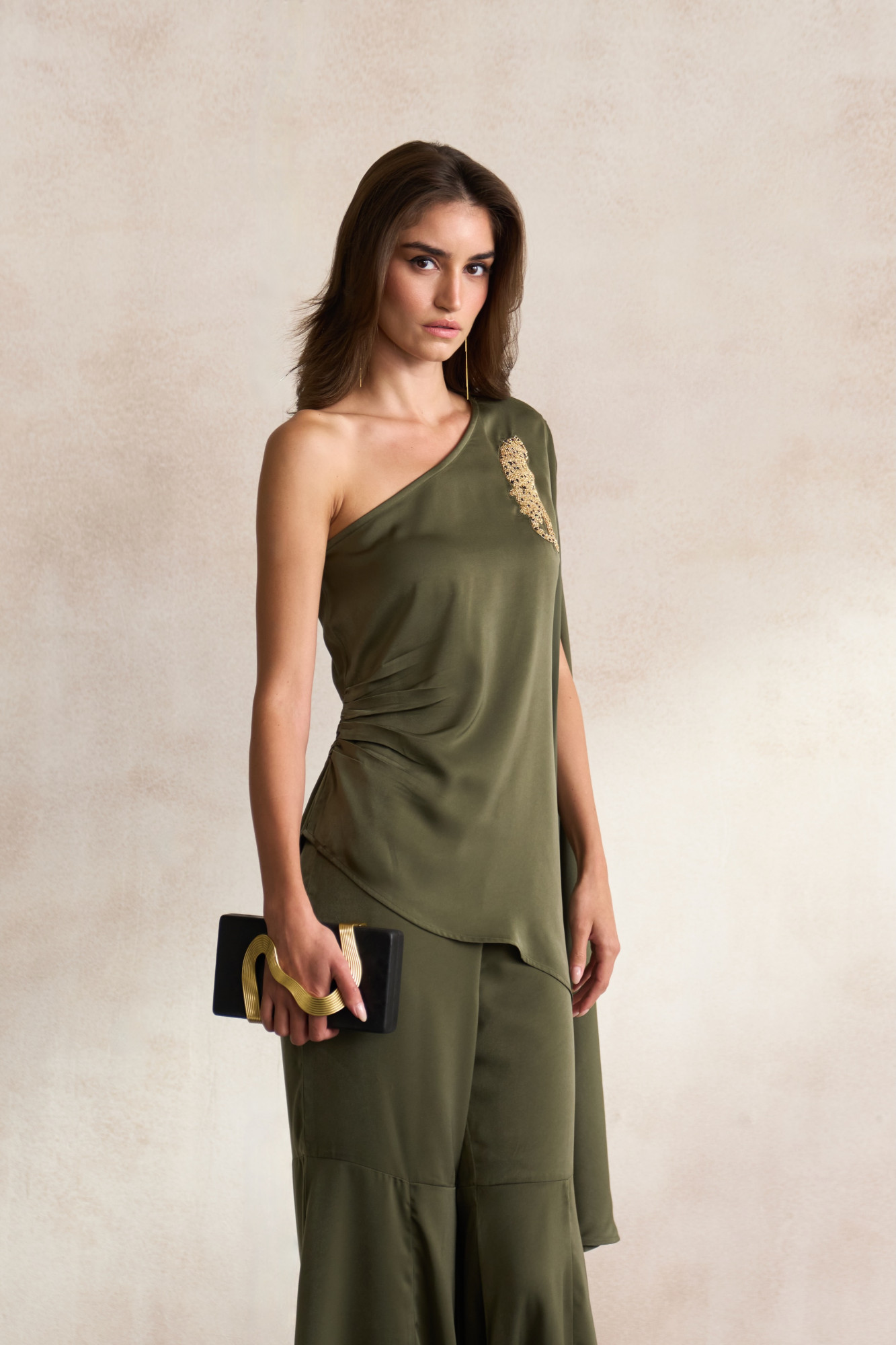 LEILA 03 OLIVE SATIN ASYMMETRIC HEM ONE SIDE SHOULDER TOP WITH DABKA LEOPARD EMBROIDERY AND FLARED PANTS CO-ORD SET
