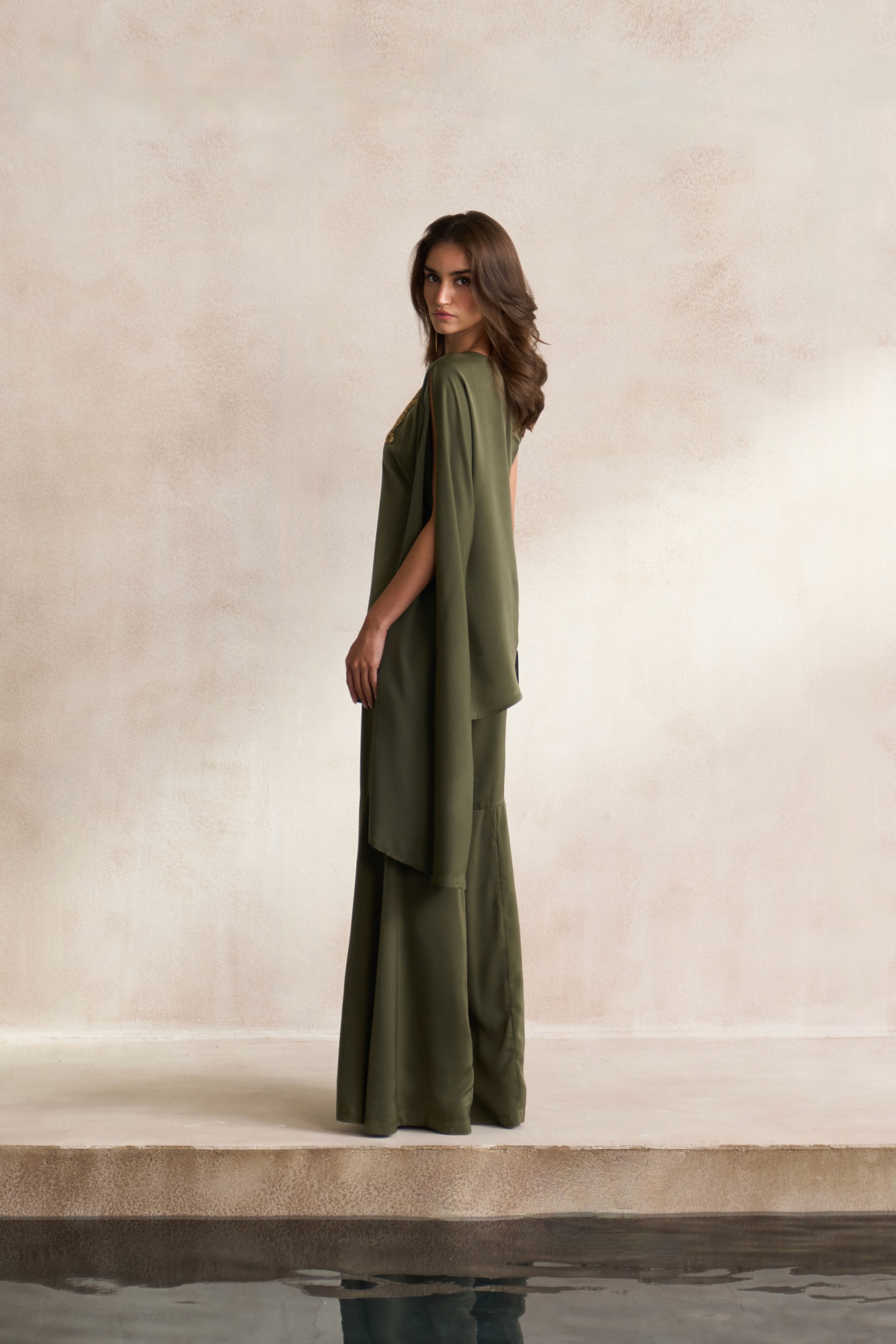 LEILA 03 OLIVE SATIN ASYMMETRIC HEM ONE SIDE SHOULDER TOP WITH DABKA LEOPARD EMBROIDERY AND FLARED PANTS CO-ORD SET
