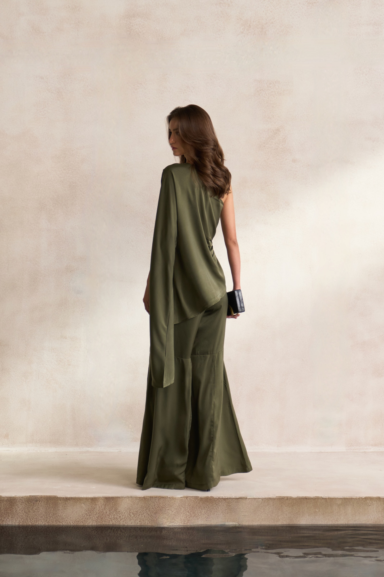 LEILA 03 OLIVE SATIN ASYMMETRIC HEM ONE SIDE SHOULDER TOP WITH DABKA LEOPARD EMBROIDERY AND FLARED PANTS CO-ORD SET