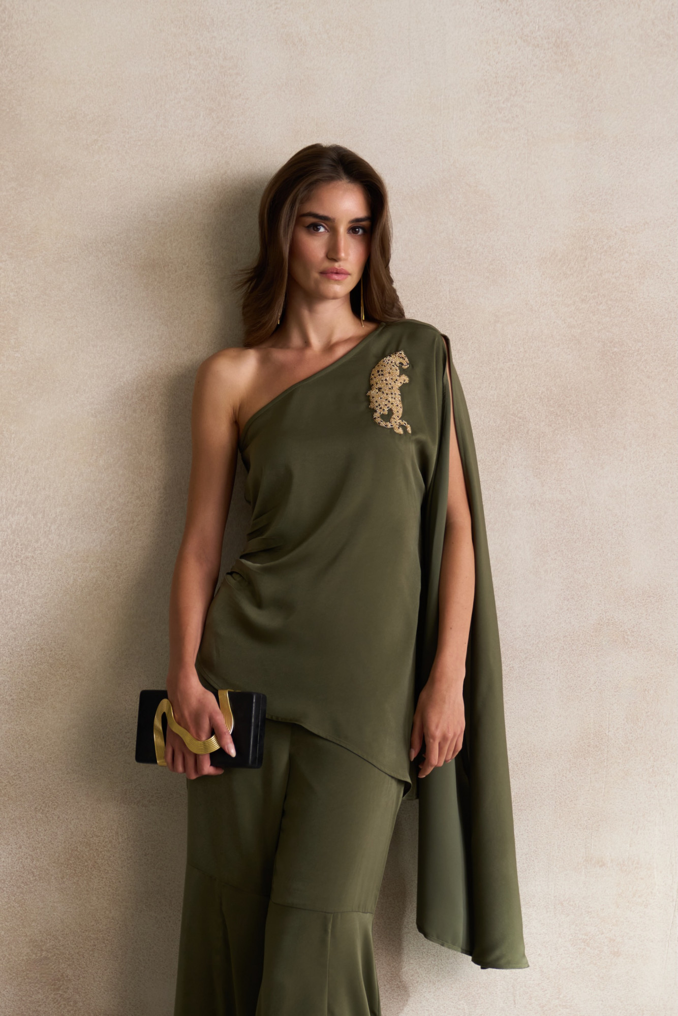 LEILA 03 OLIVE SATIN ASYMMETRIC HEM ONE SIDE SHOULDER TOP WITH DABKA LEOPARD EMBROIDERY AND FLARED PANTS CO-ORD SET