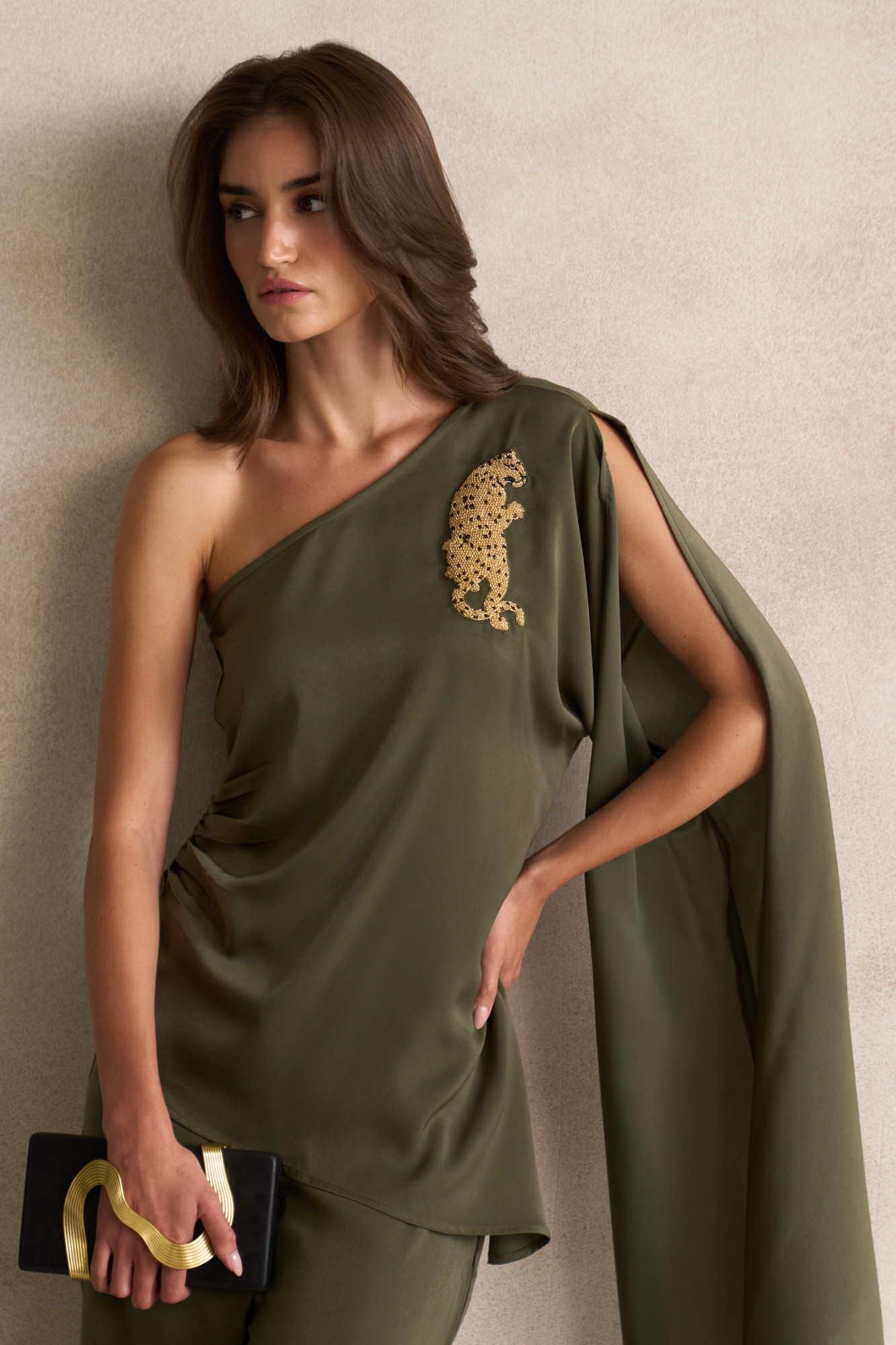 LEILA 03 OLIVE SATIN ASYMMETRIC HEM ONE SIDE SHOULDER TOP WITH DABKA LEOPARD EMBROIDERY AND FLARED PANTS CO-ORD SET