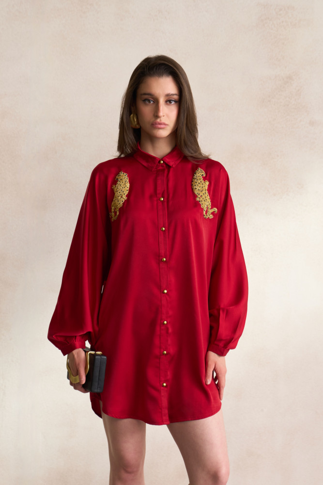 Image of LEILA 03 MAROON SOFT SATIN SHIRT DRESS WITH GOLD DABKA LEOPARD EMBROIDERY