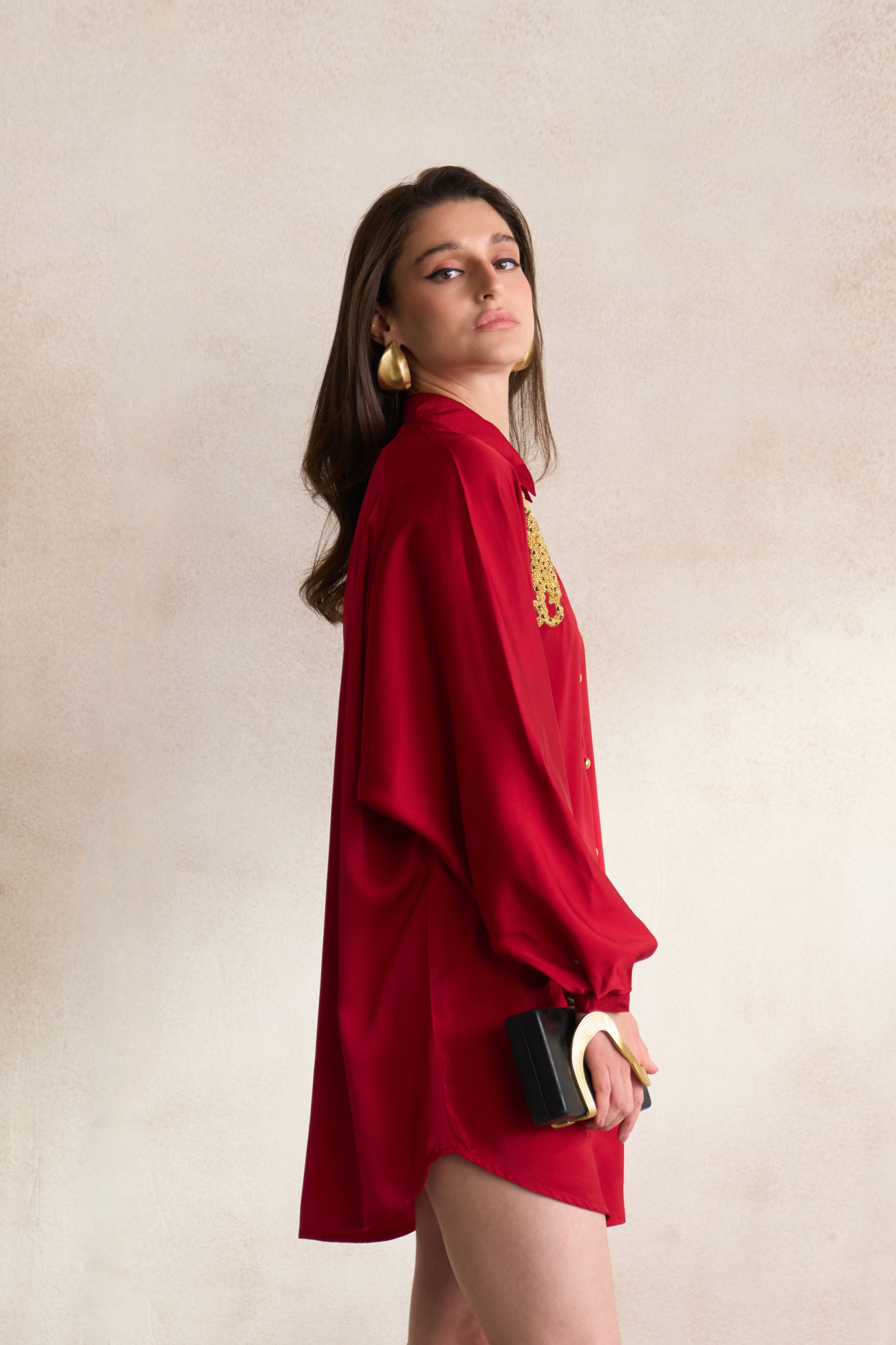 LEILA 03 MAROON SOFT SATIN SHIRT DRESS WITH GOLD DABKA LEOPARD EMBROIDERY