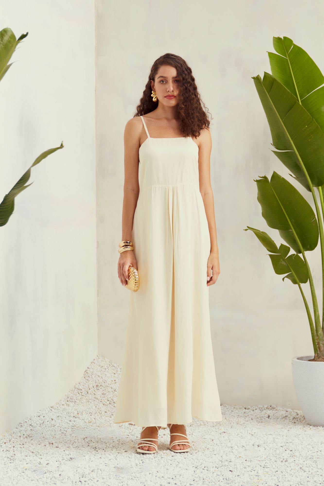 MALIBU-02 SOLID OFF WHITE VISCOSE CREPE FABRIC MAXI DRESS