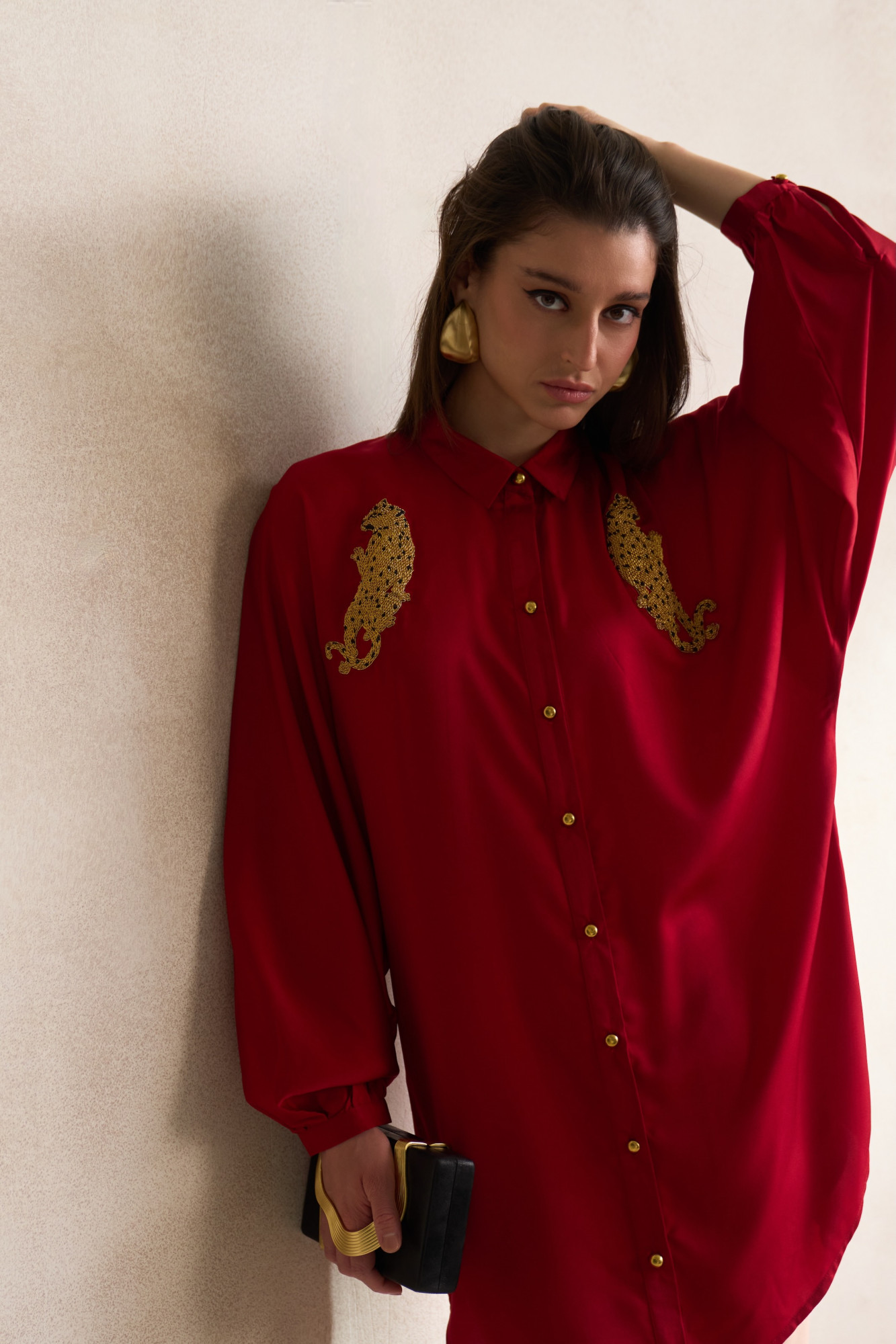 LEILA 03 MAROON SOFT SATIN SHIRT DRESS WITH GOLD DABKA LEOPARD EMBROIDERY