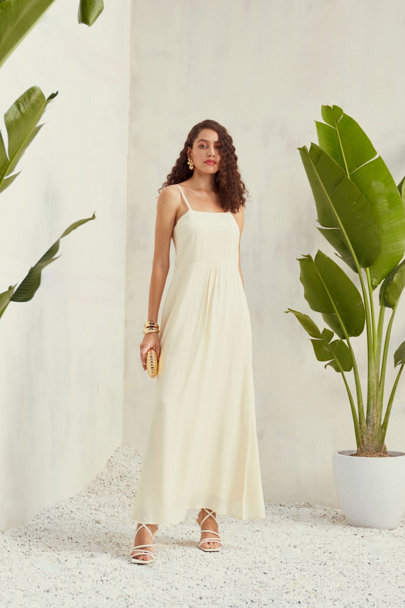 MALIBU-02 SOLID OFF WHITE VISCOSE CREPE FABRIC MAXI DRESS