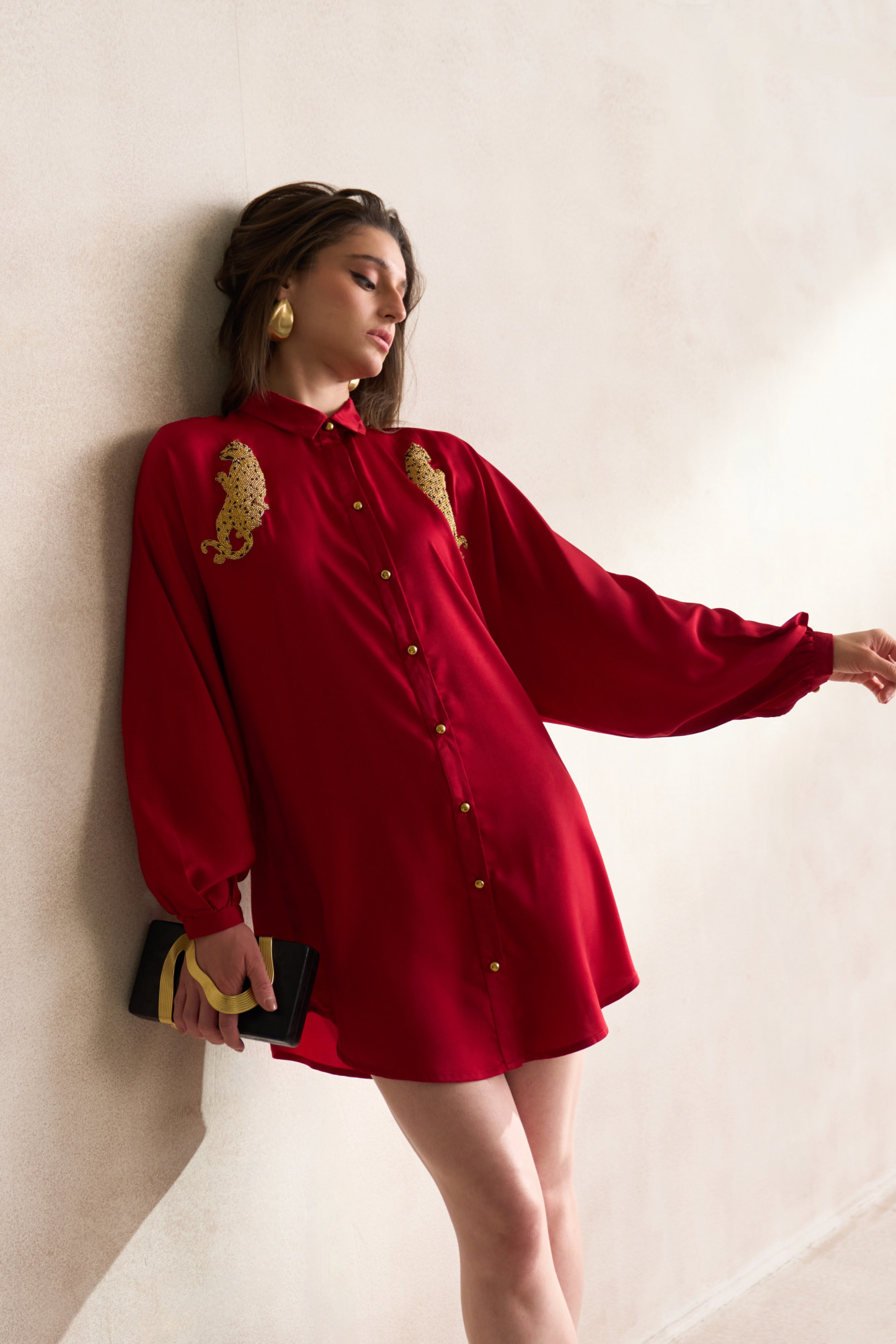 LEILA 03 MAROON SOFT SATIN SHIRT DRESS WITH GOLD DABKA LEOPARD EMBROIDERY