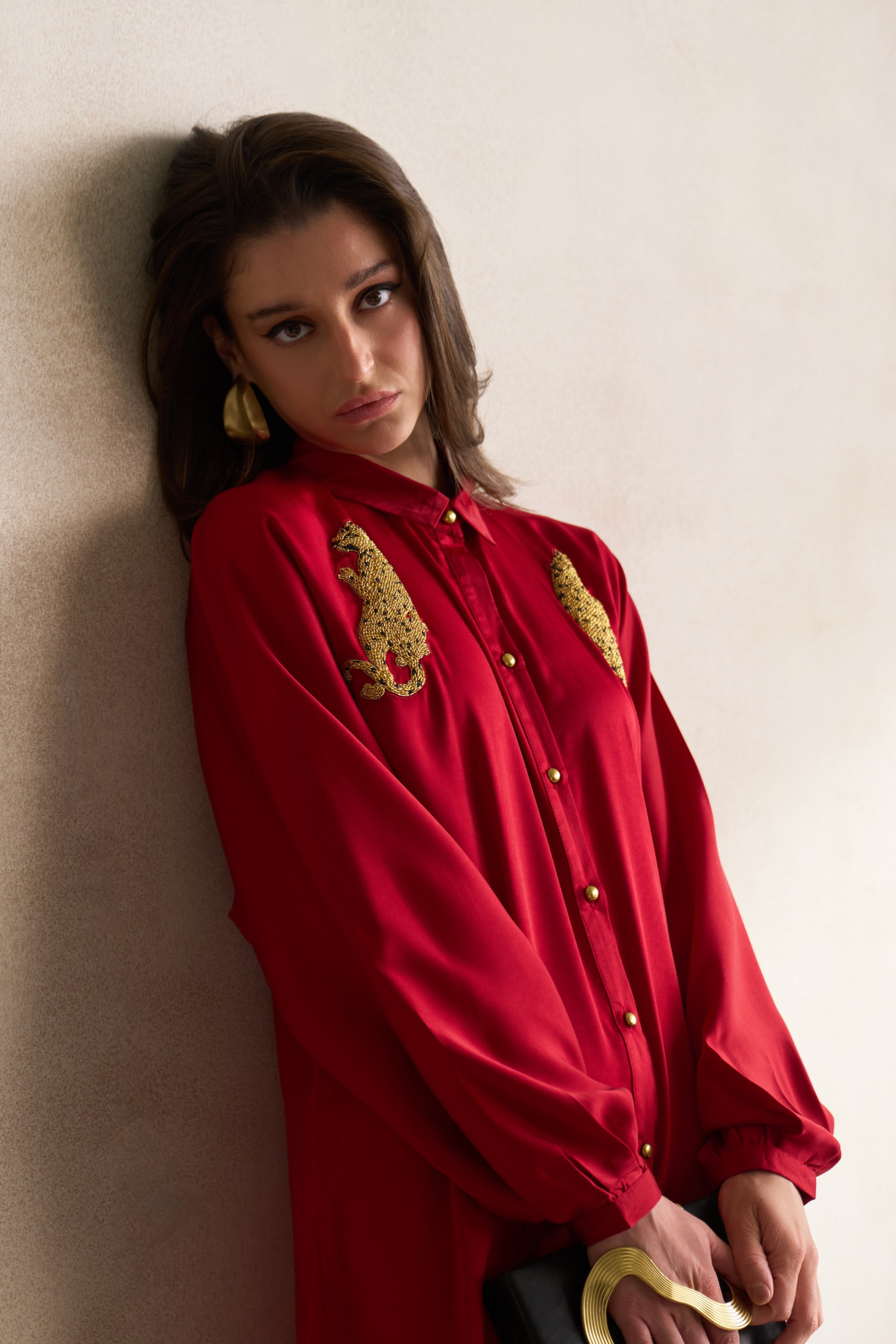 LEILA 03 MAROON SOFT SATIN SHIRT DRESS WITH GOLD DABKA LEOPARD EMBROIDERY