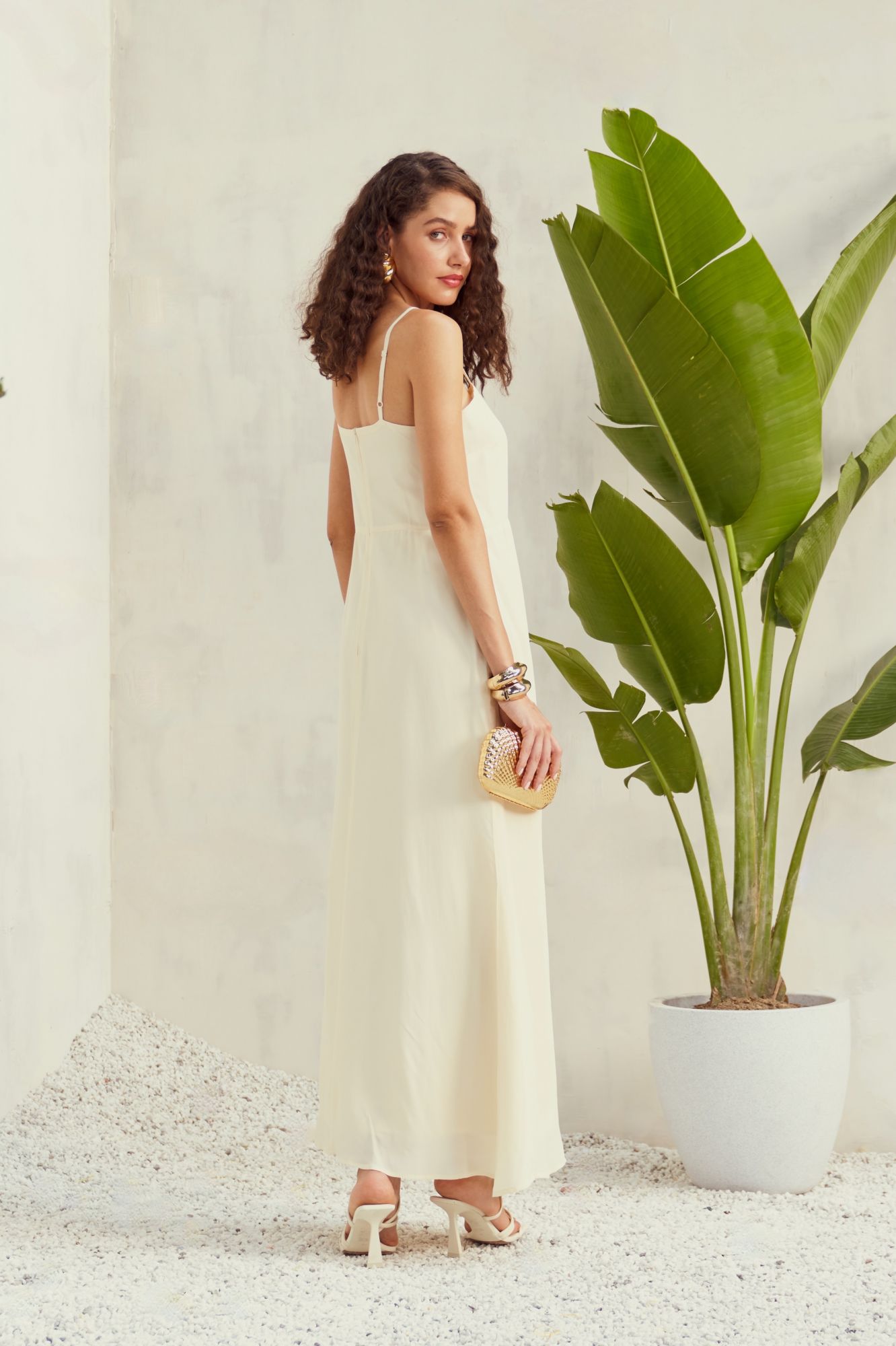 MALIBU-02 SOLID OFF WHITE VISCOSE CREPE FABRIC MAXI DRESS