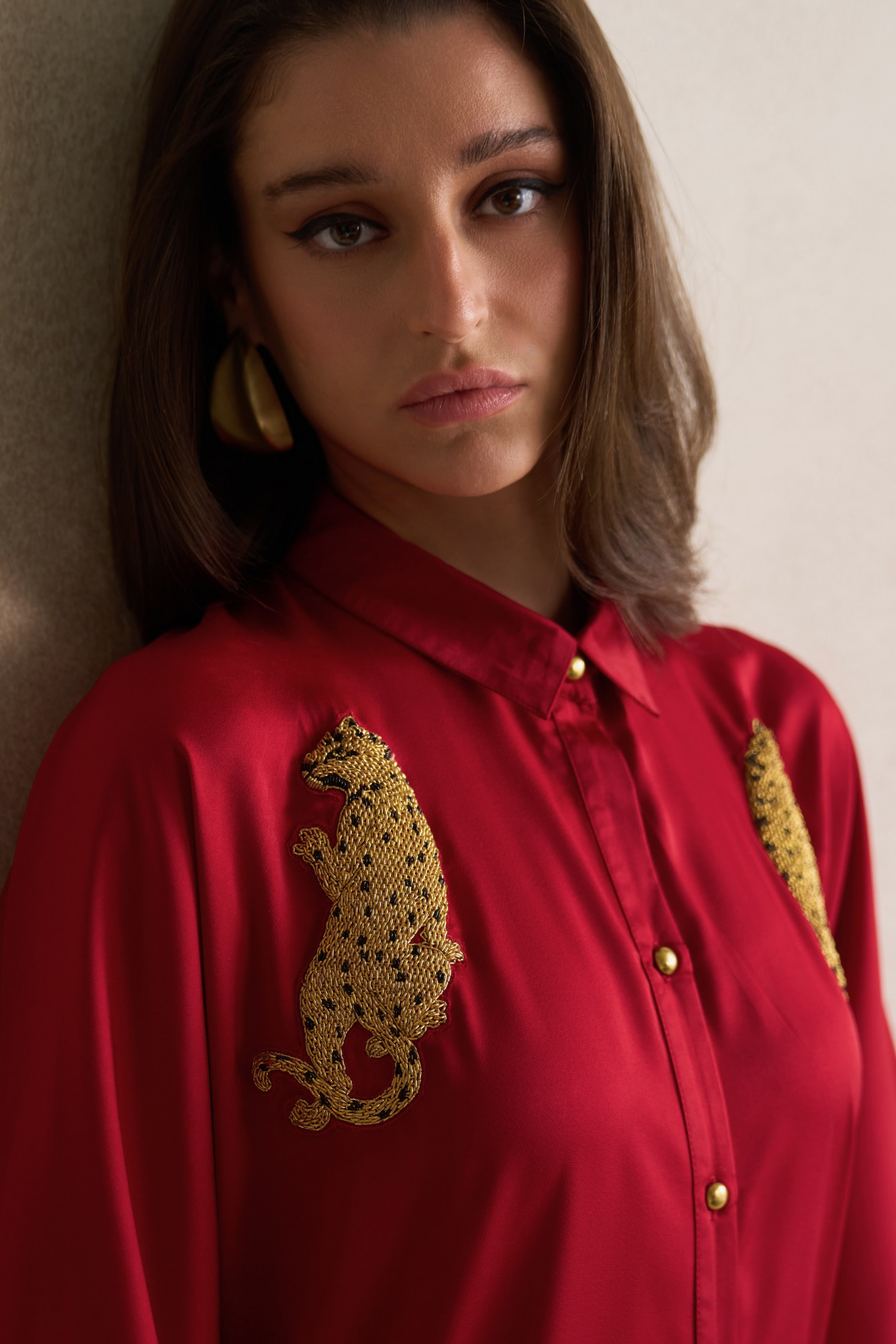 LEILA 03 MAROON SOFT SATIN SHIRT DRESS WITH GOLD DABKA LEOPARD EMBROIDERY