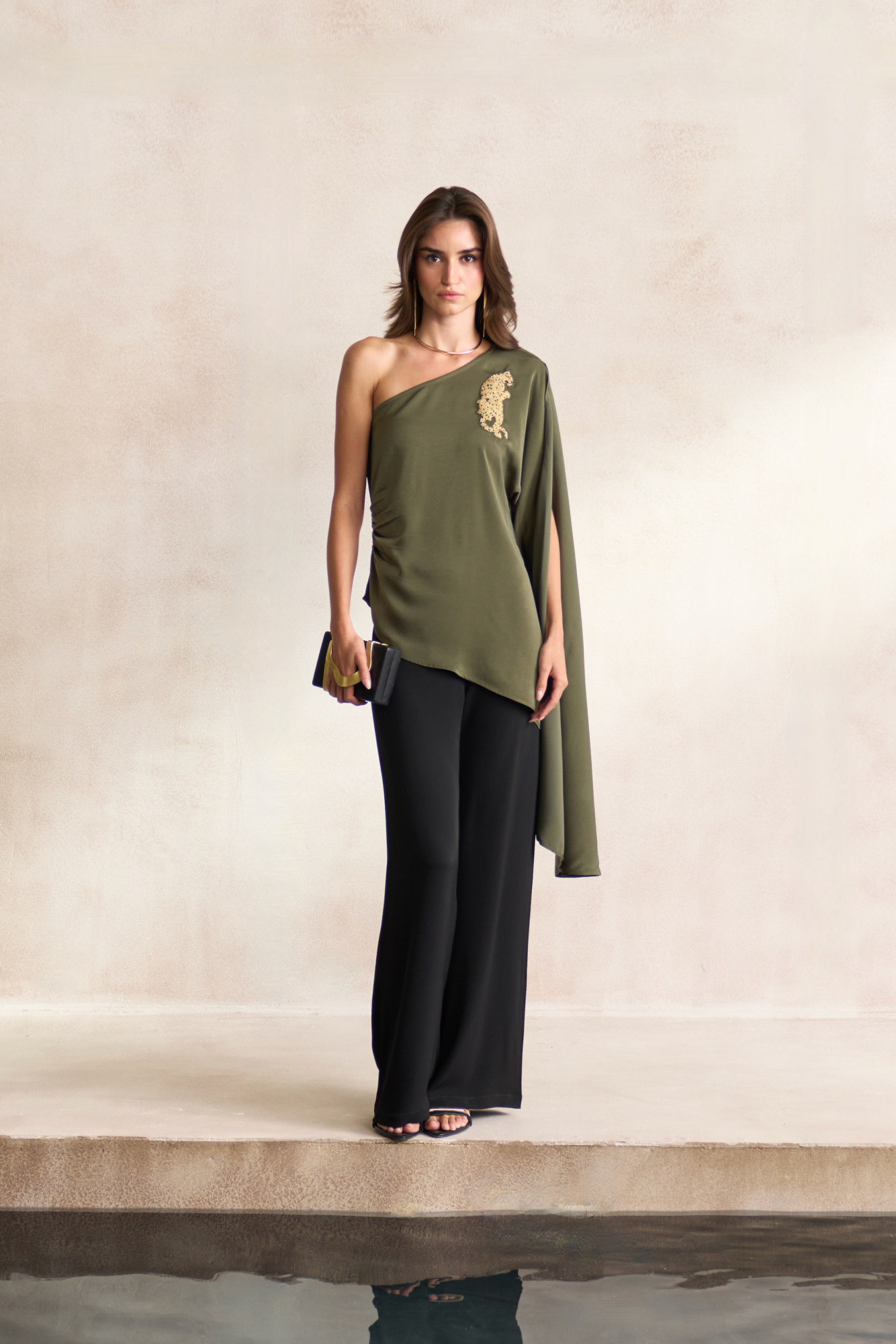 LEILA 03 OLIVE COLOUR SATIN ASYMMETRIC HEM ONE SIDE OFF SHOULDER TOP WITH GOLD DABKA LEOPARD EMBROIDERY