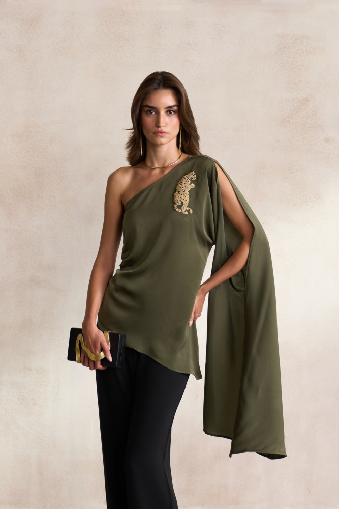 Image of LEILA 03 OLIVE COLOUR SATIN ASYMMETRIC HEM ONE SIDE OFF SHOULDER TOP WITH GOLD DABKA LEOPARD EMBROIDERY