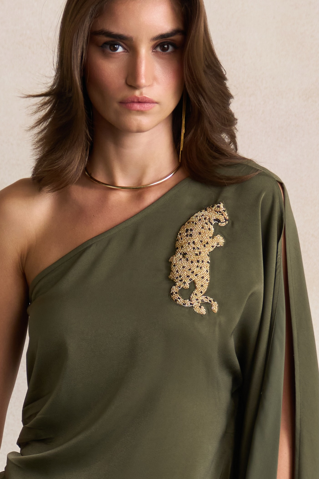 LEILA 03 OLIVE COLOUR SATIN ASYMMETRIC HEM ONE SIDE OFF SHOULDER TOP WITH GOLD DABKA LEOPARD EMBROIDERY