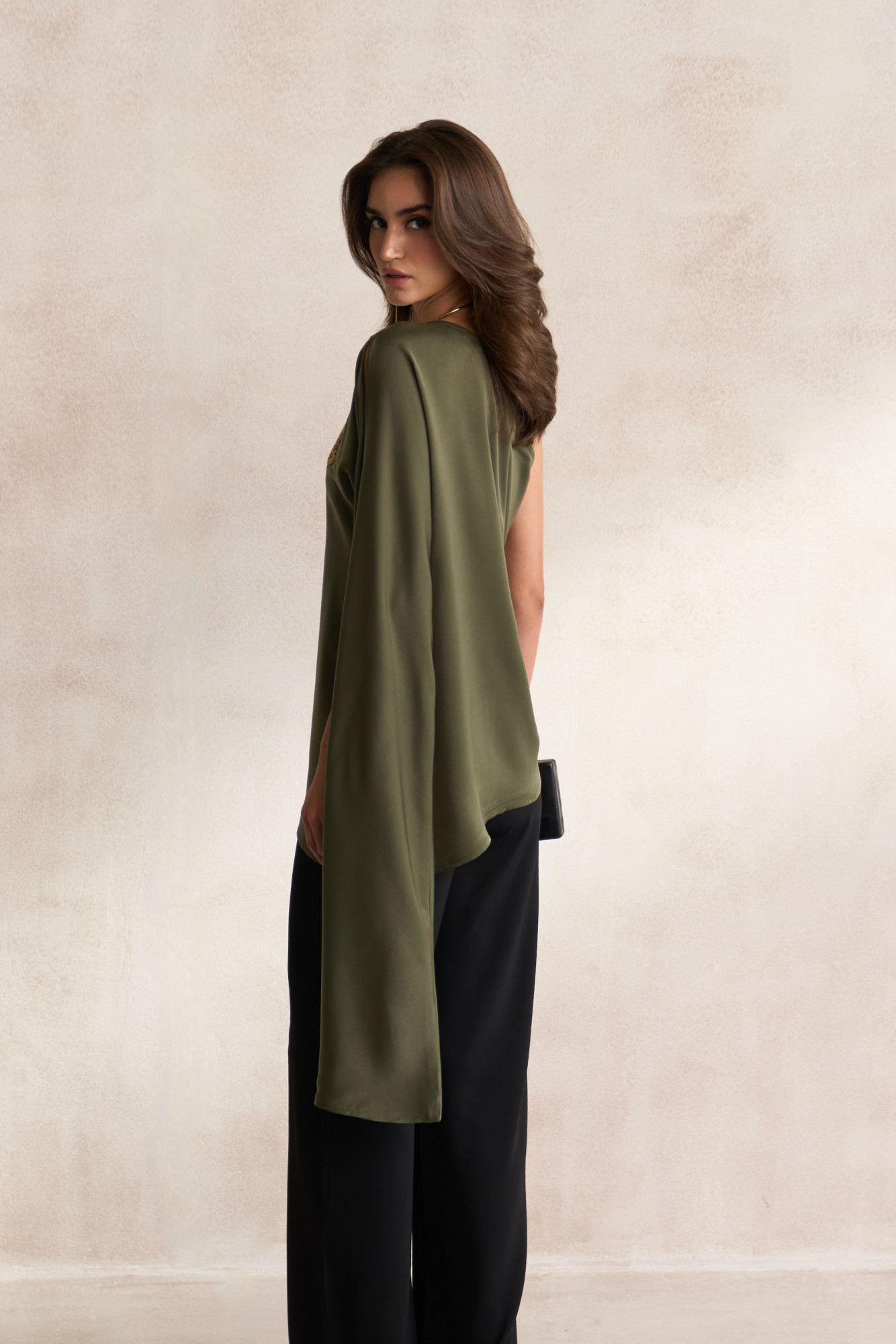 LEILA 03 OLIVE COLOUR SATIN ASYMMETRIC HEM ONE SIDE OFF SHOULDER TOP WITH GOLD DABKA LEOPARD EMBROIDERY