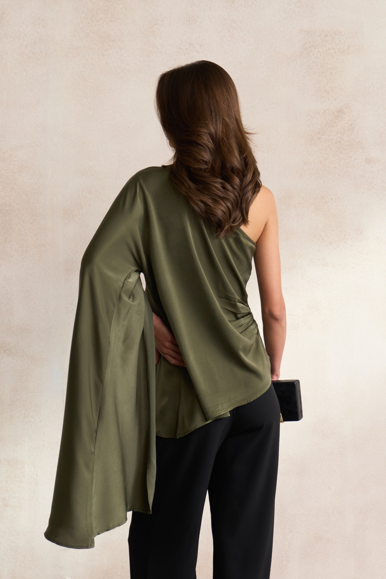 LEILA 03 OLIVE COLOUR SATIN ASYMMETRIC HEM ONE SIDE OFF SHOULDER TOP WITH GOLD DABKA LEOPARD EMBROIDERY