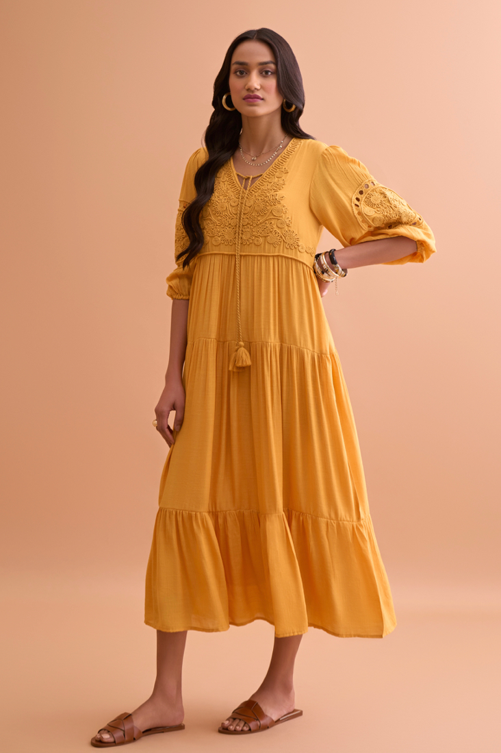 AMALFI SOLID YELLOW TEXTURED RAYON CREPE MIDI LENGTH WITH HAND EMBROIDERED SLEEVES AND NECK