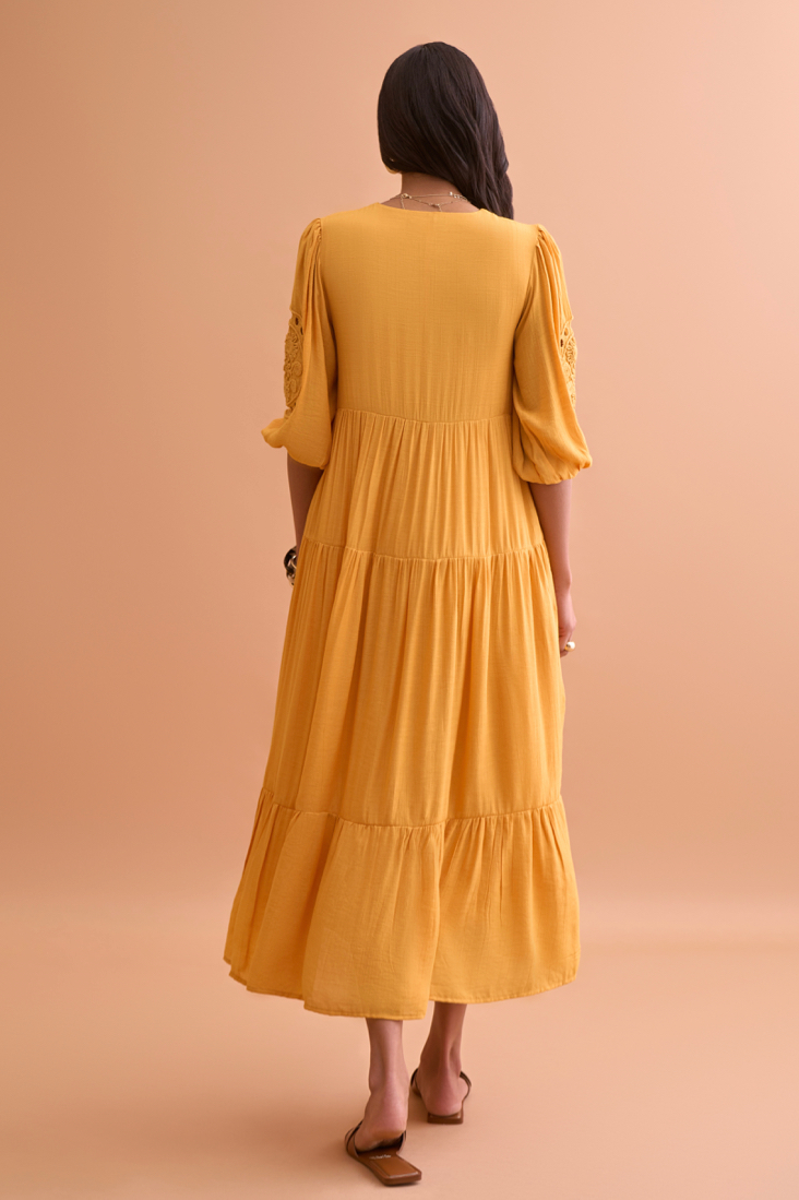 AMALFI SOLID YELLOW TEXTURED RAYON CREPE MIDI LENGTH WITH HAND EMBROIDERED SLEEVES AND NECK