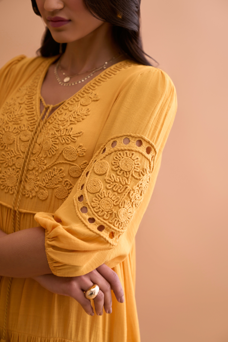 AMALFI SOLID YELLOW TEXTURED RAYON CREPE MIDI LENGTH WITH HAND EMBROIDERED SLEEVES AND NECK