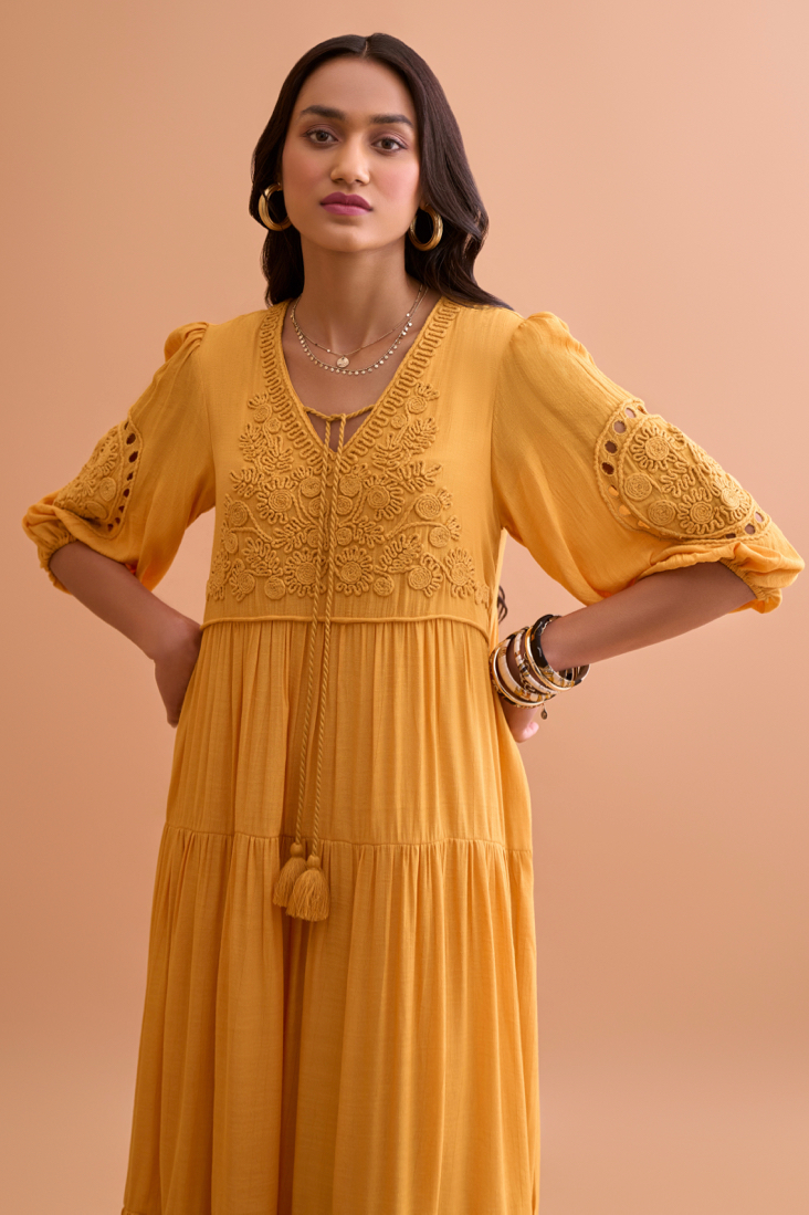 AMALFI SOLID YELLOW TEXTURED RAYON CREPE MIDI LENGTH WITH HAND EMBROIDERED SLEEVES AND NECK