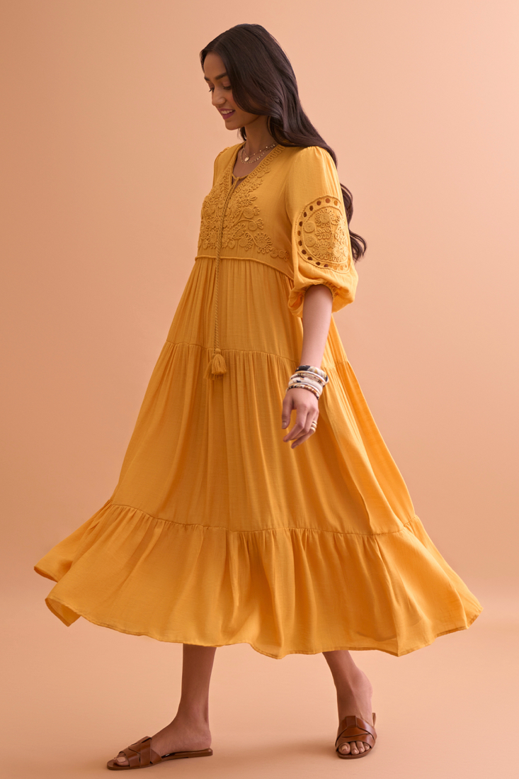 AMALFI SOLID YELLOW TEXTURED RAYON CREPE MIDI LENGTH WITH HAND EMBROIDERED SLEEVES AND NECK