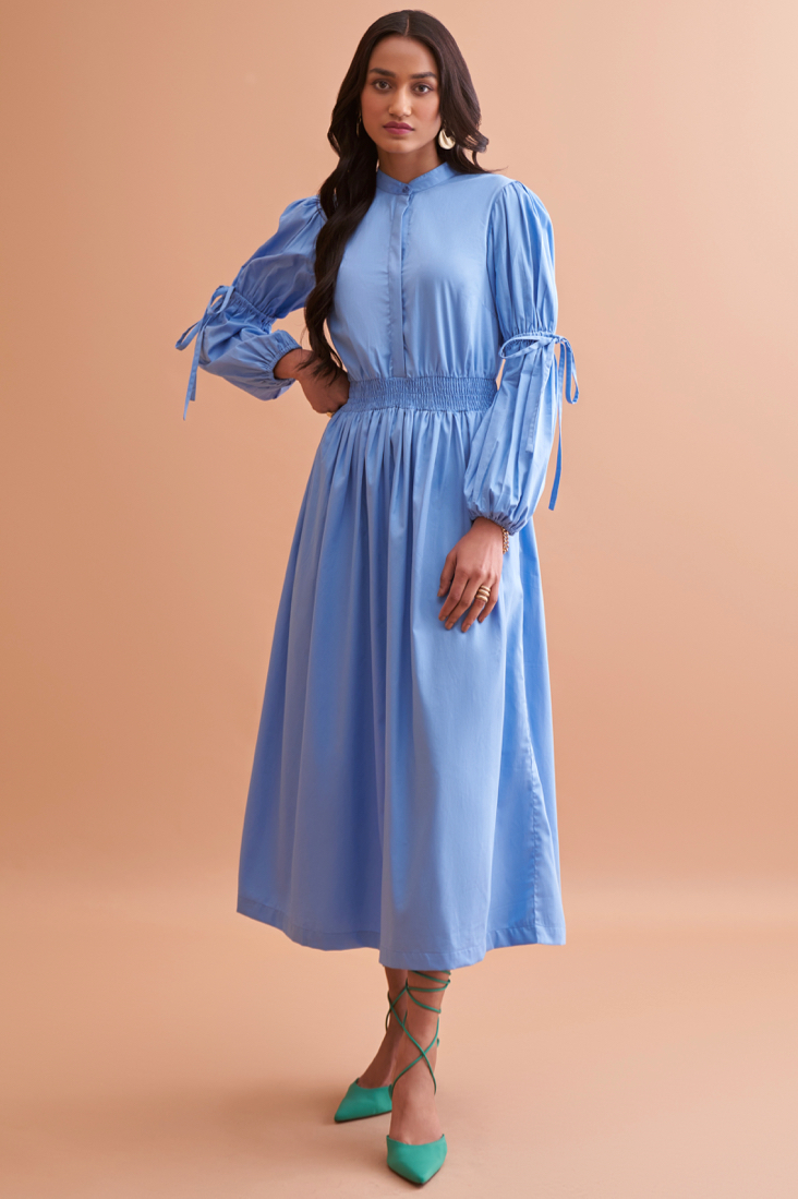 AMALFI SOLID LIGHT BLUE FINE COTTON QUALITY MIDI DRESS WITH FULL SLEEVES AND COLLARED NECK