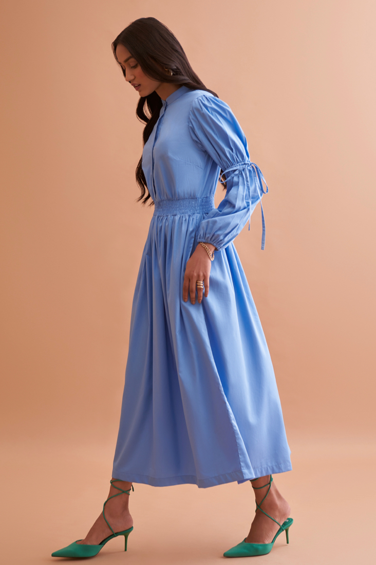 AMALFI SOLID LIGHT BLUE FINE COTTON QUALITY MIDI DRESS WITH FULL SLEEVES AND COLLARED NECK