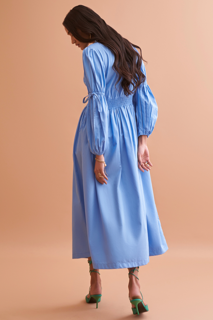 AMALFI SOLID LIGHT BLUE FINE COTTON QUALITY MIDI DRESS WITH FULL SLEEVES AND COLLARED NECK